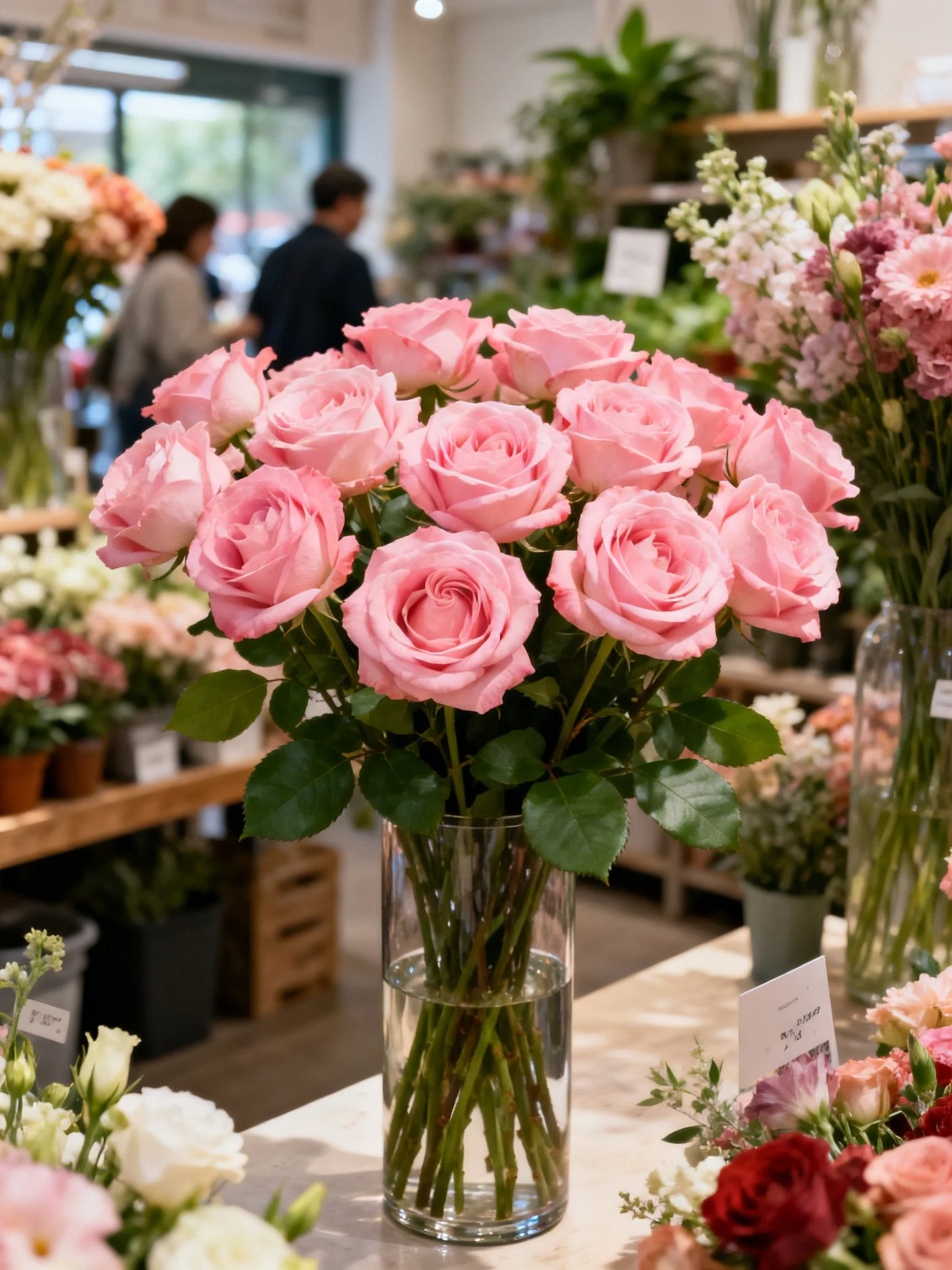 A large pink rose bouquet in a glass vase at a flower shop
