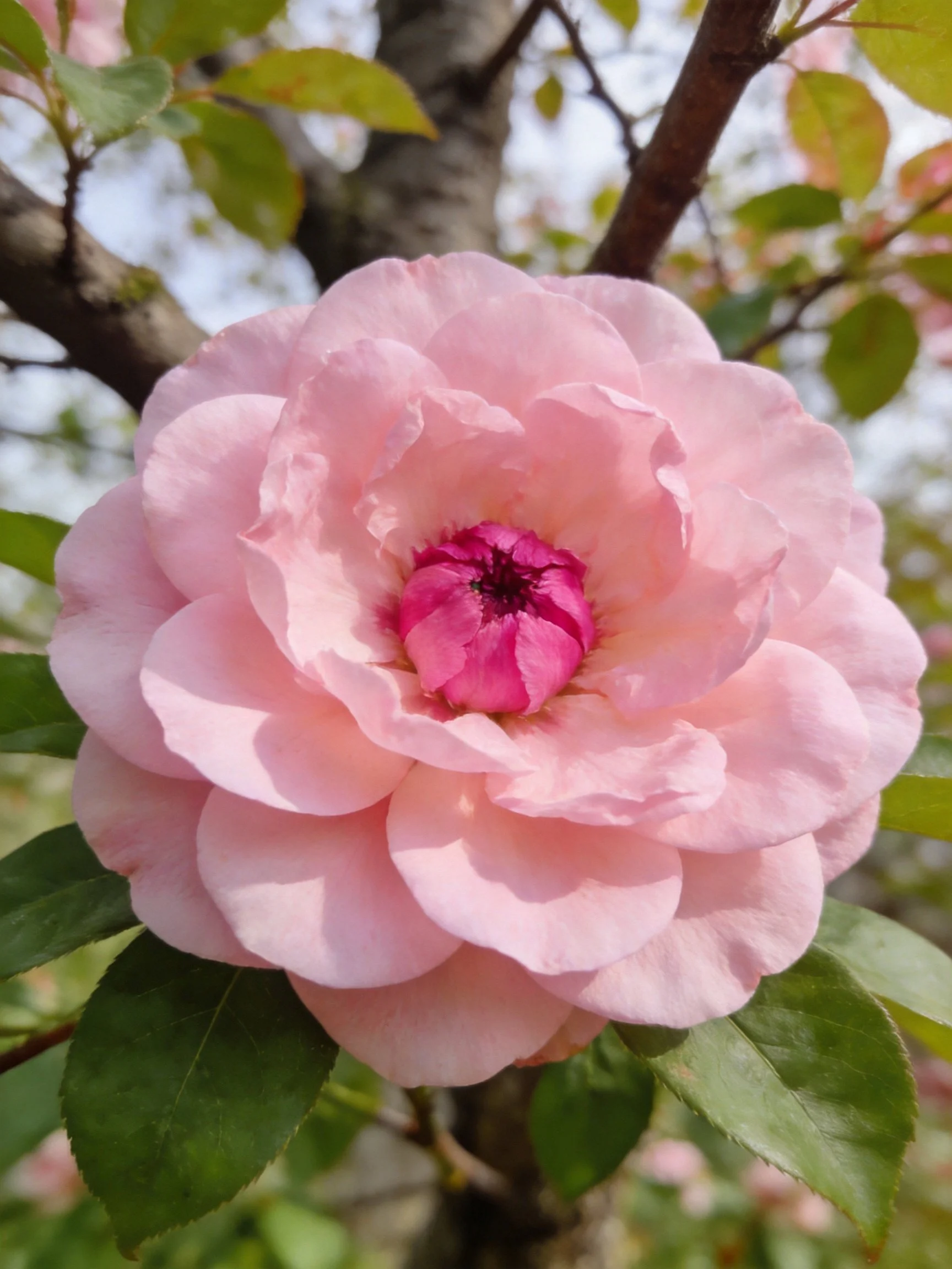 A large pink rose with layered petals and green leaves
