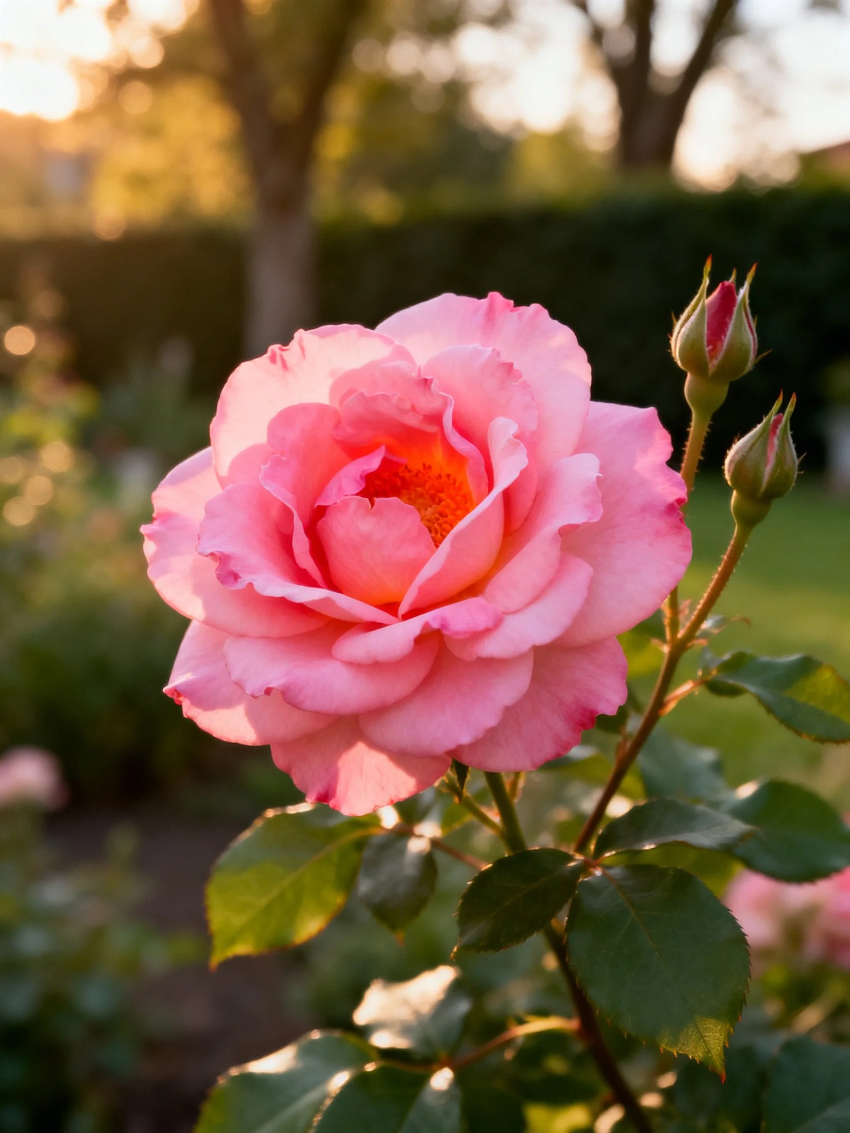 A large pink rose with two buds glows in a sunlit garden