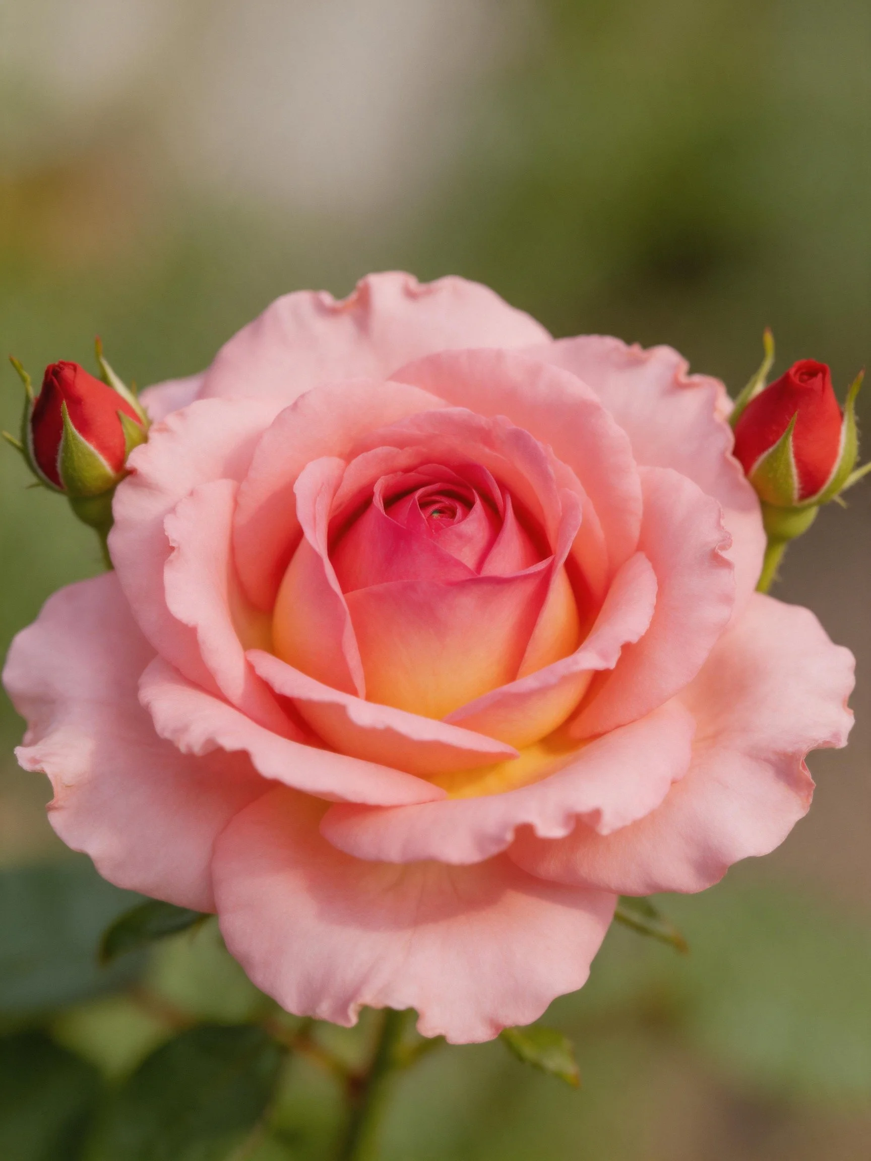 A large pink rose with two small red rosebuds
