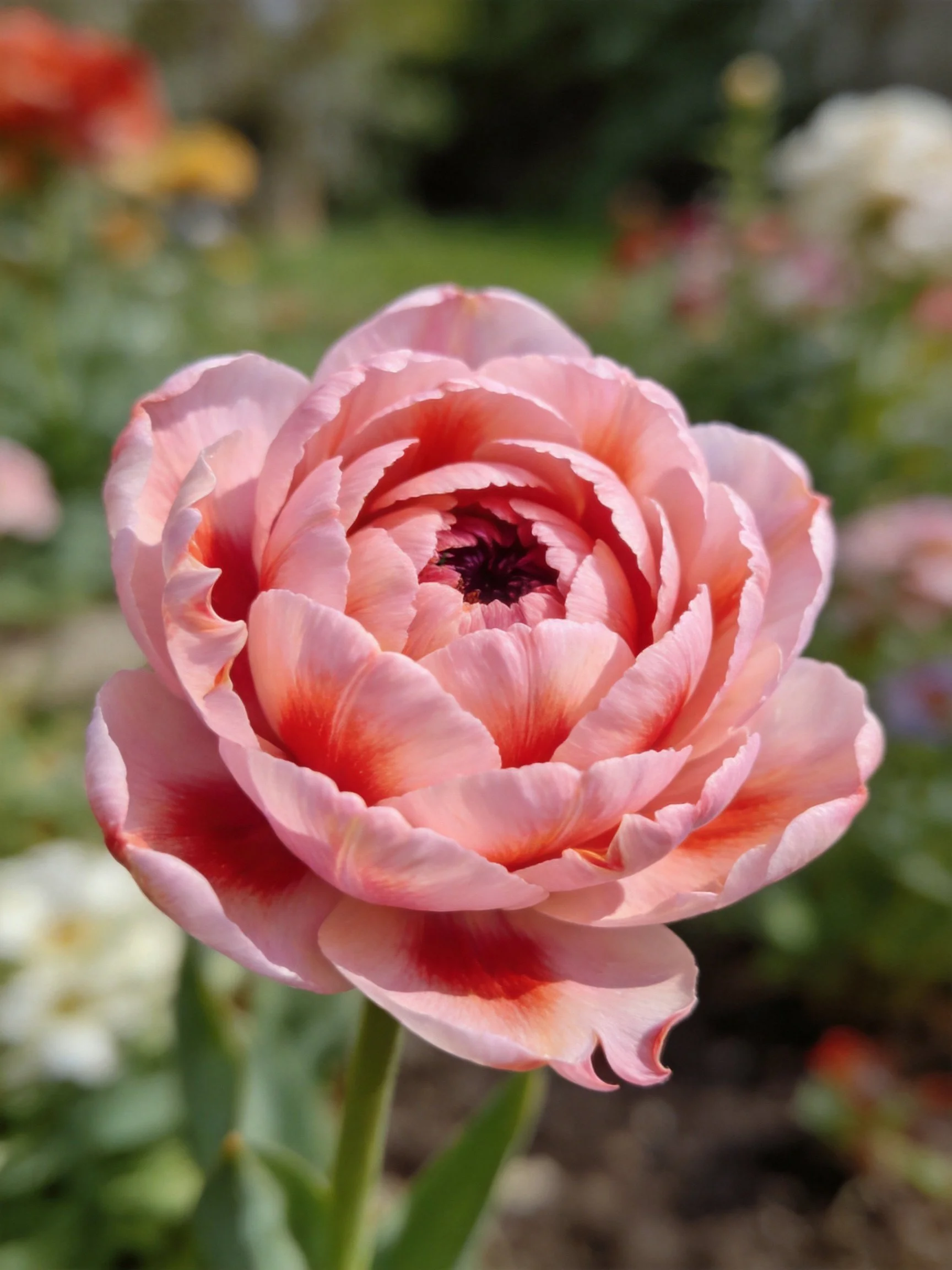 A large pink tulip with red accents in a garden
