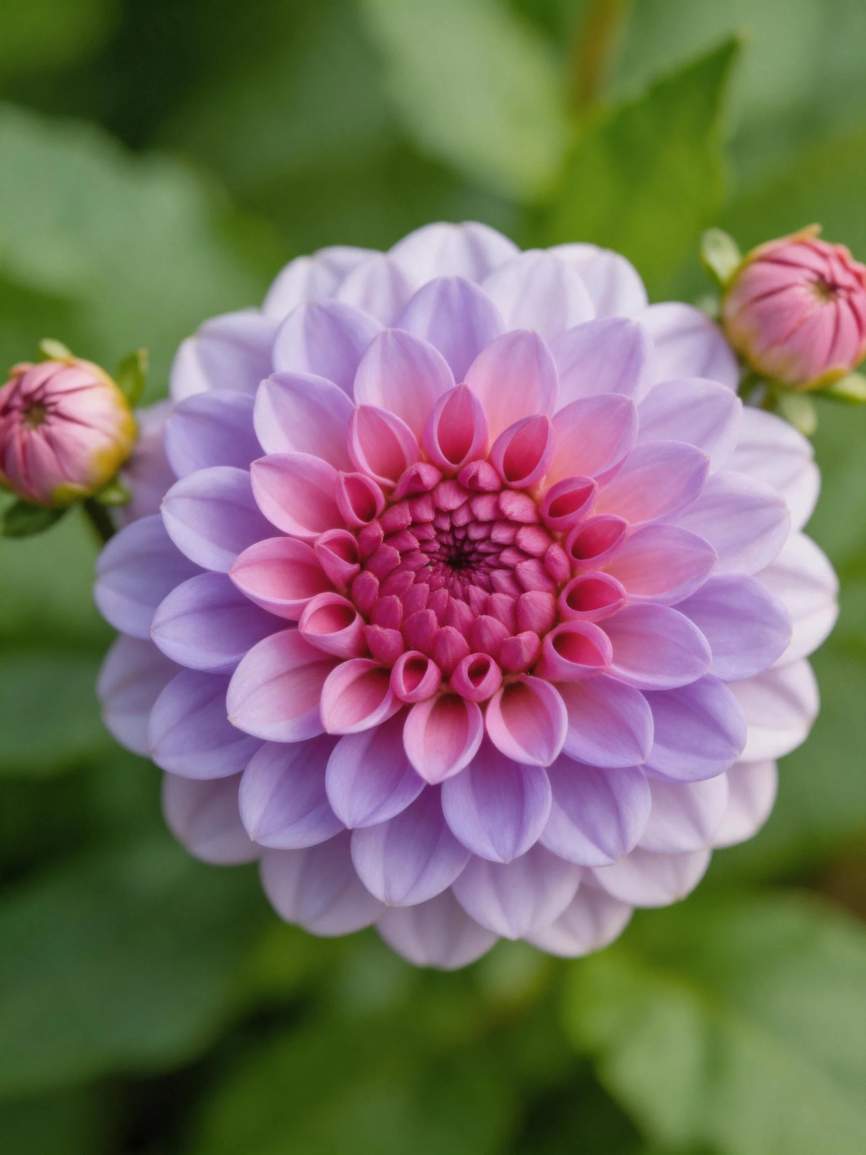 A large purple and pink dahlia with two buds, set against green foliage