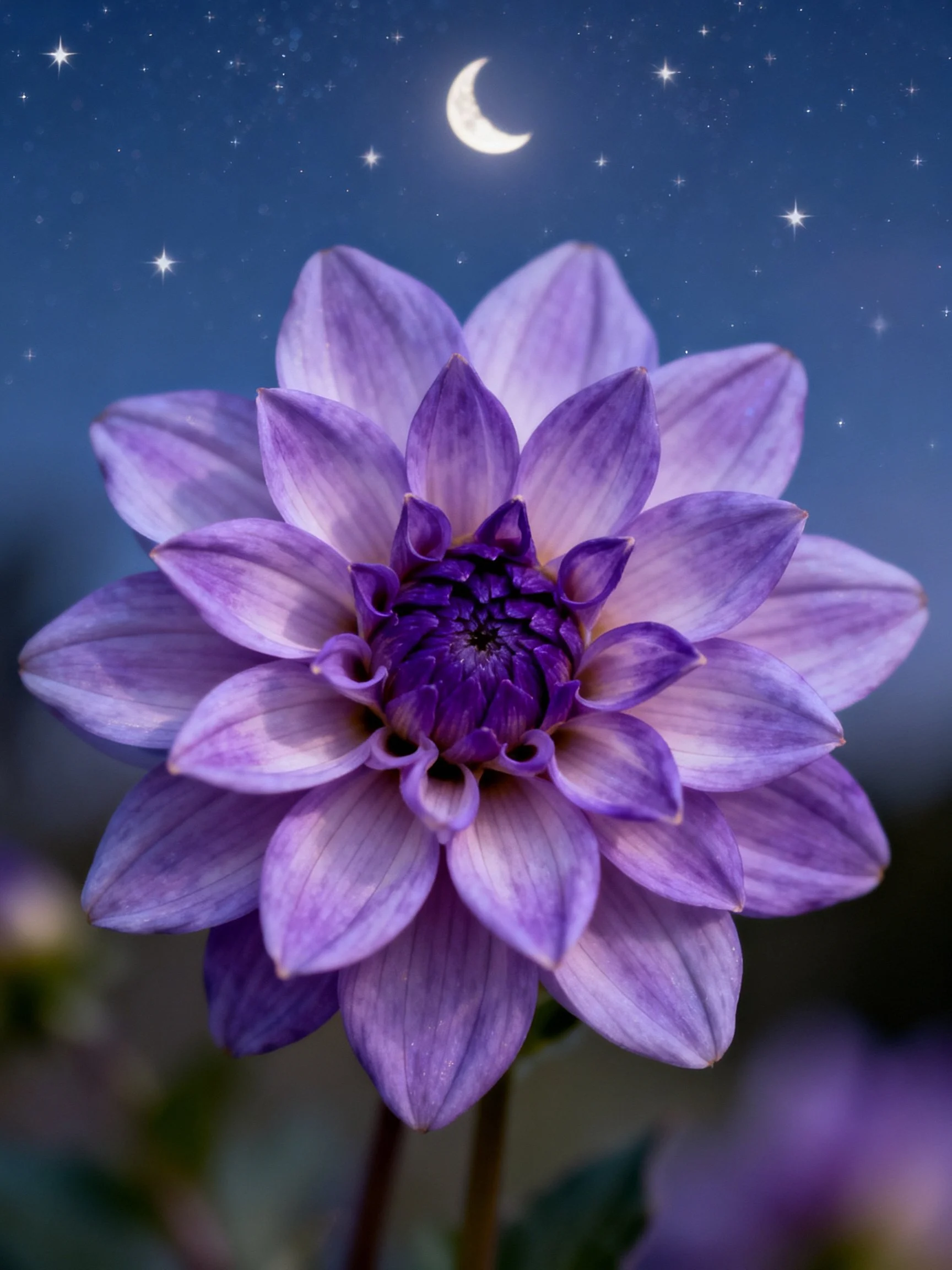 A large purple dahlia against a starry night sky with crescent moon
