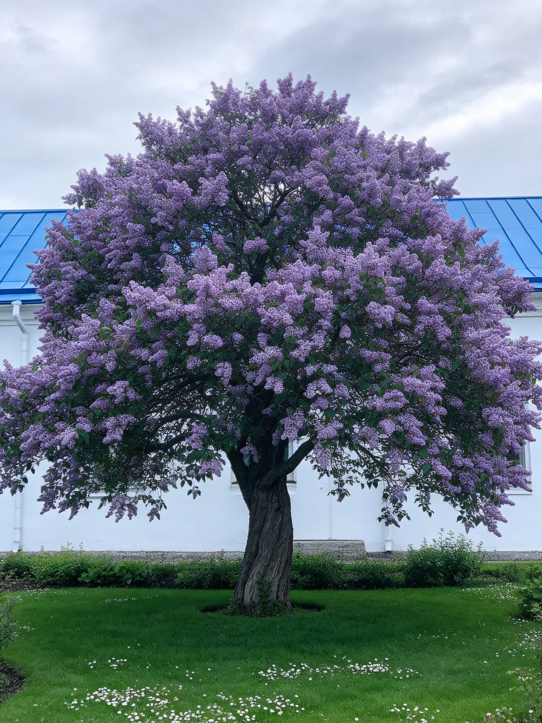 A large purple-flowered tree stands before a white building with a blue roof.