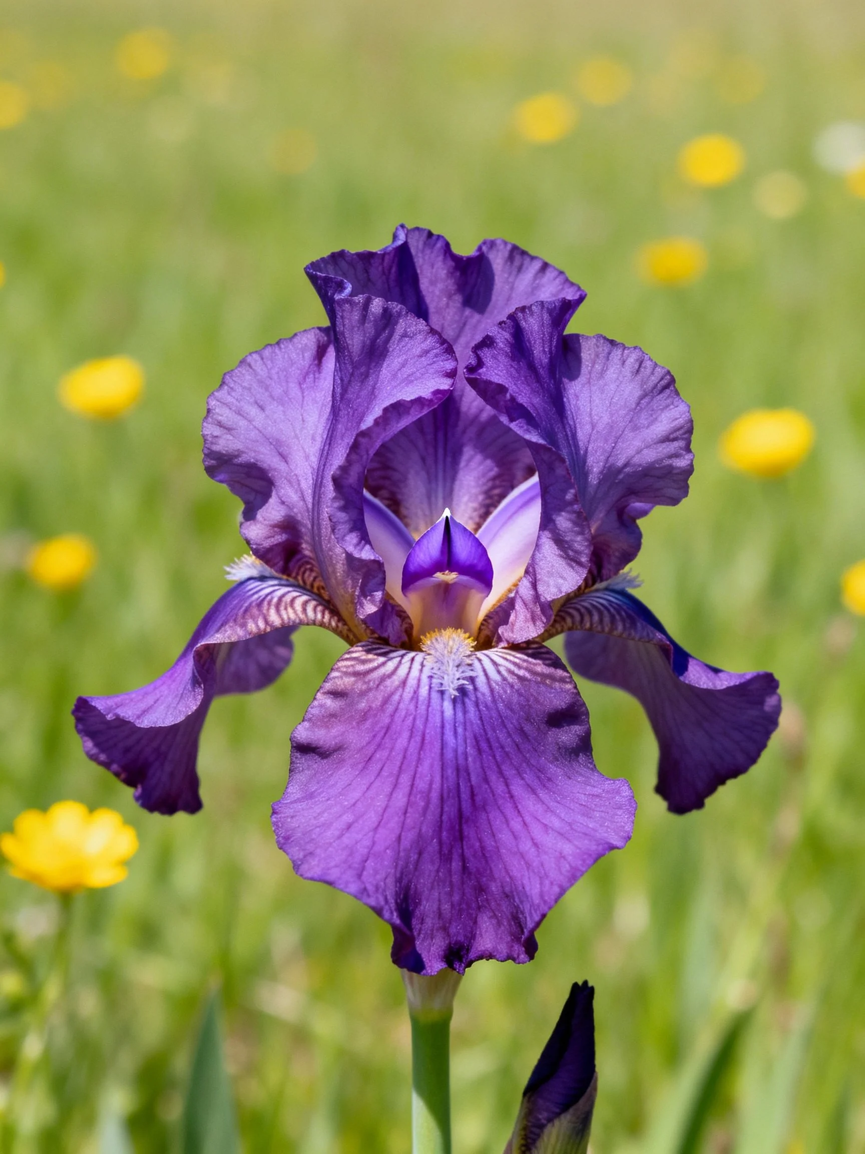 A large purple iris blooms in a green meadow with yellow flowers