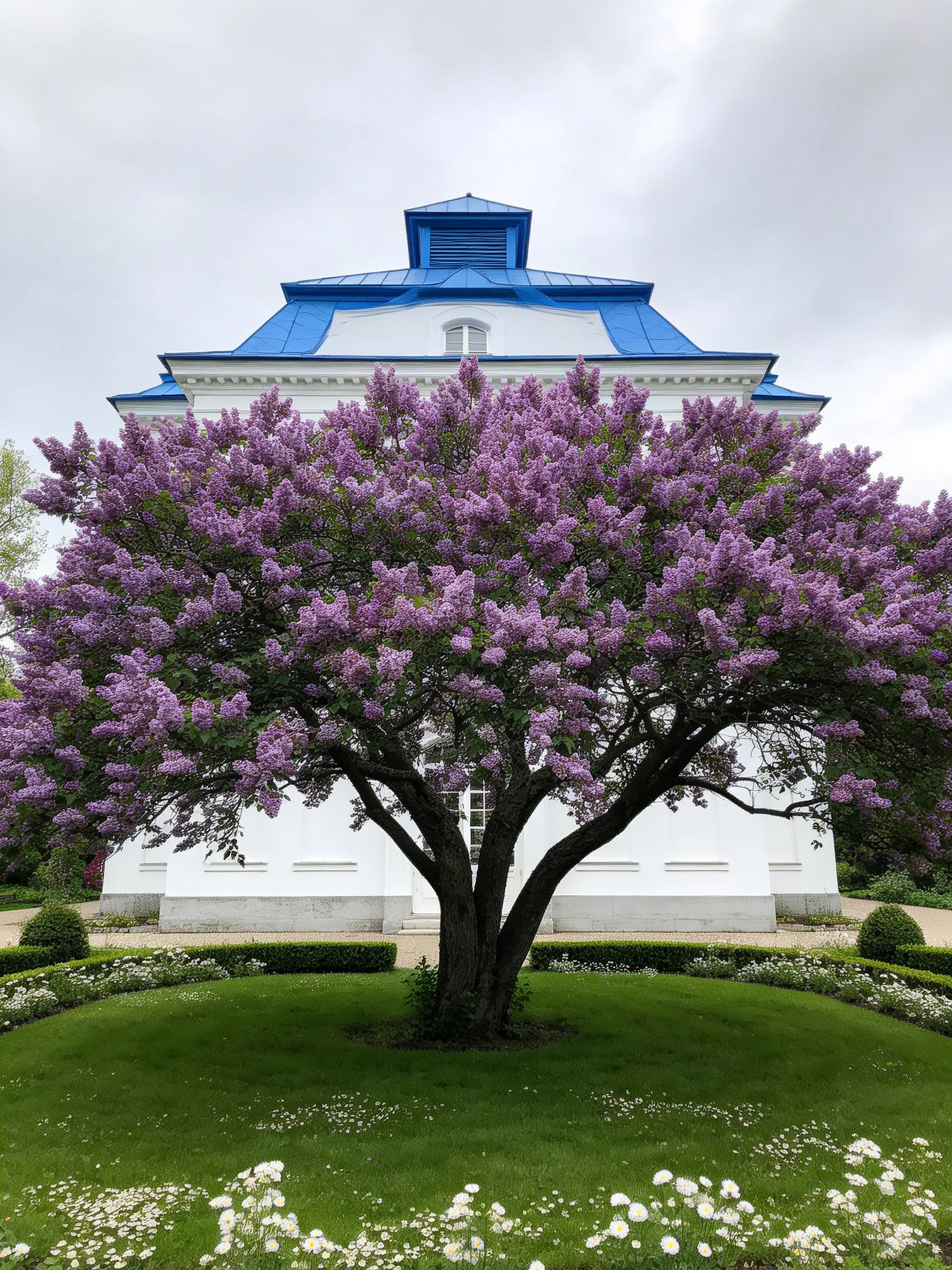 A large purple lilac tree stands before a white building with a blue roof