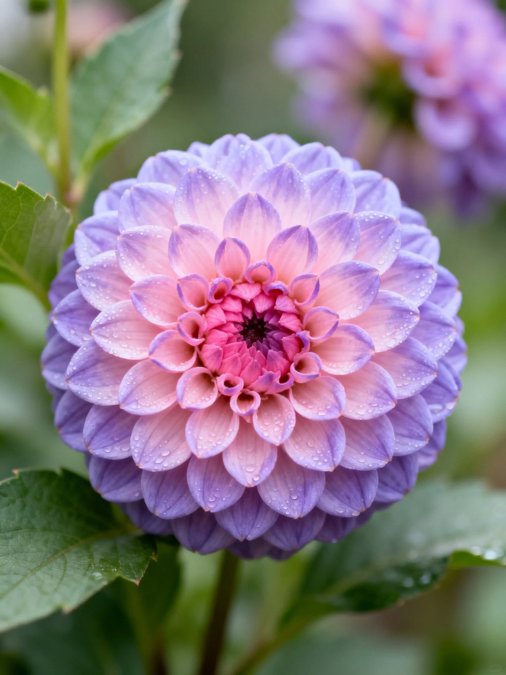 A large purple-pink dahlia with water droplets among green leaves