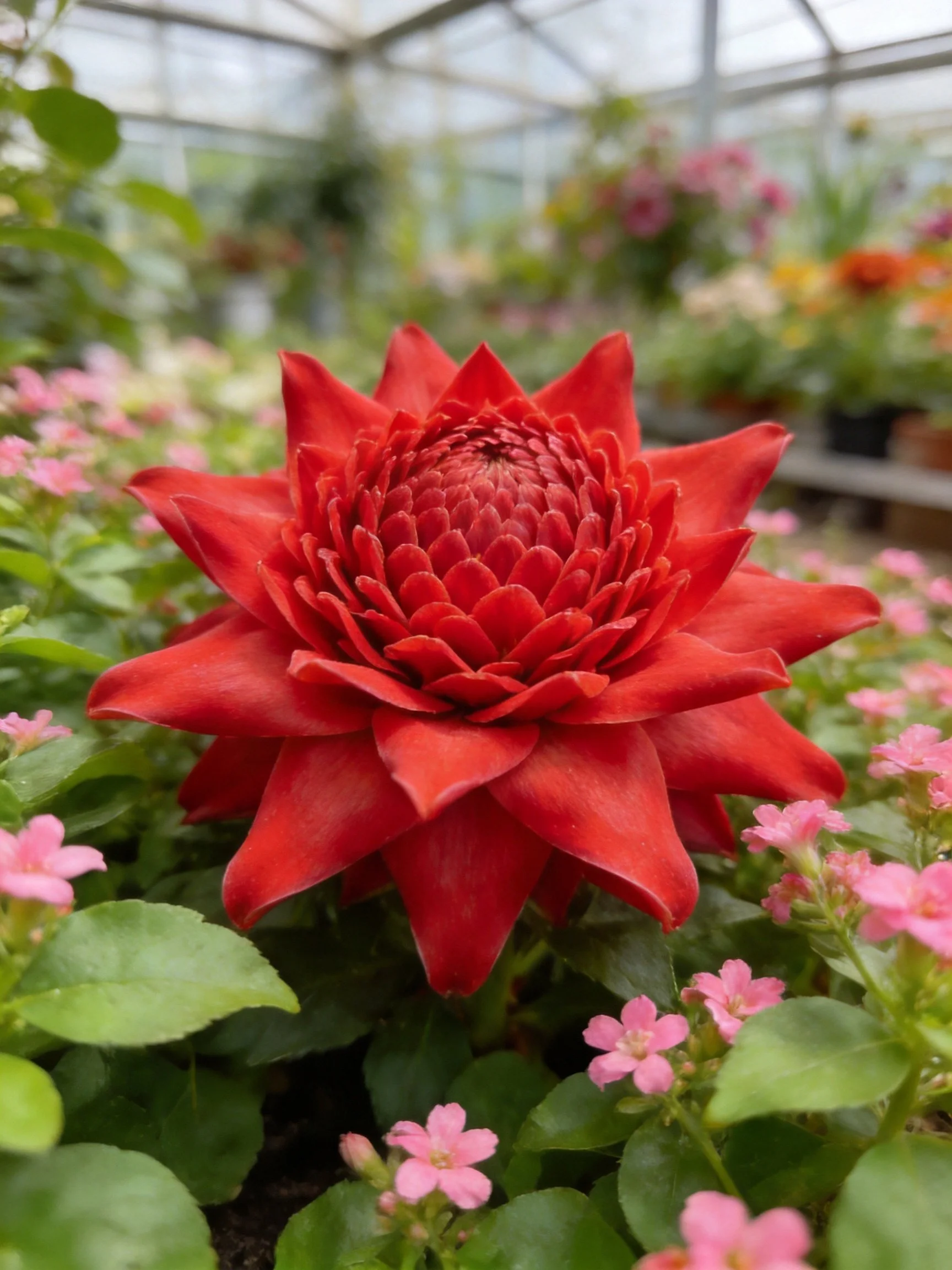 A large red flower with layered petals amid small pink flowers