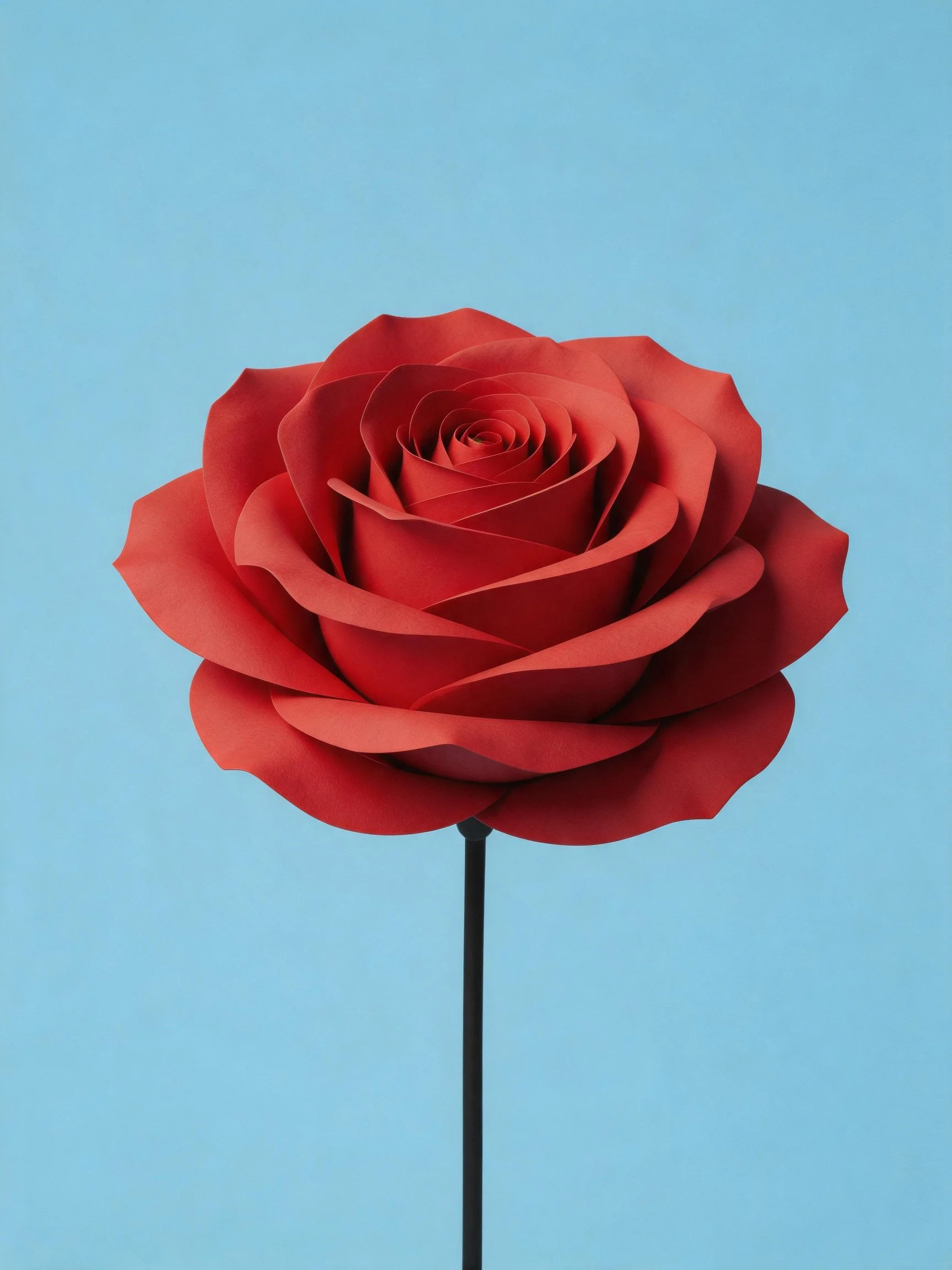 A large red paper rose with layered petals on a black stem