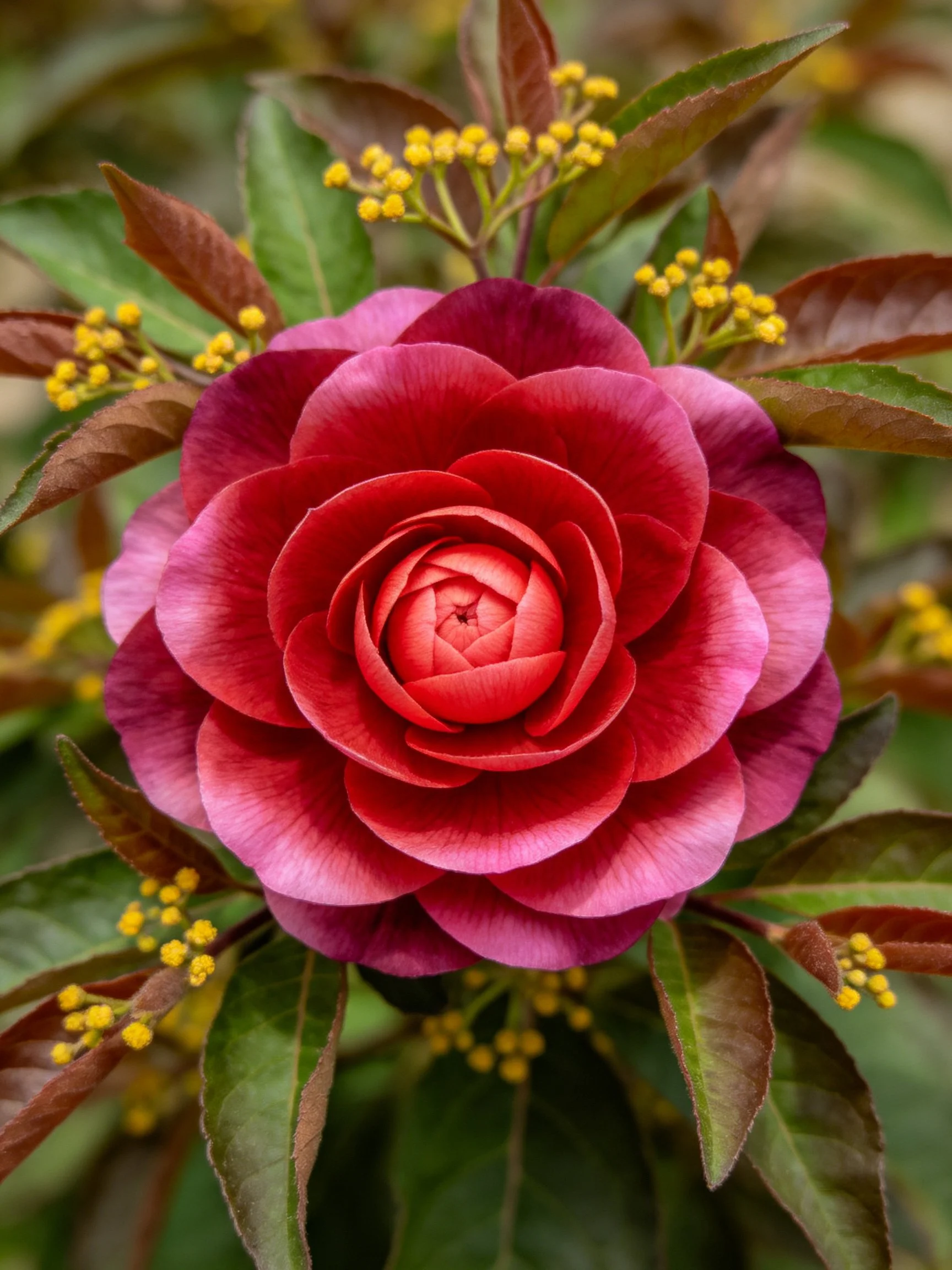 A large red-pink flower surrounded by small yellow flowers and brown-green leaves