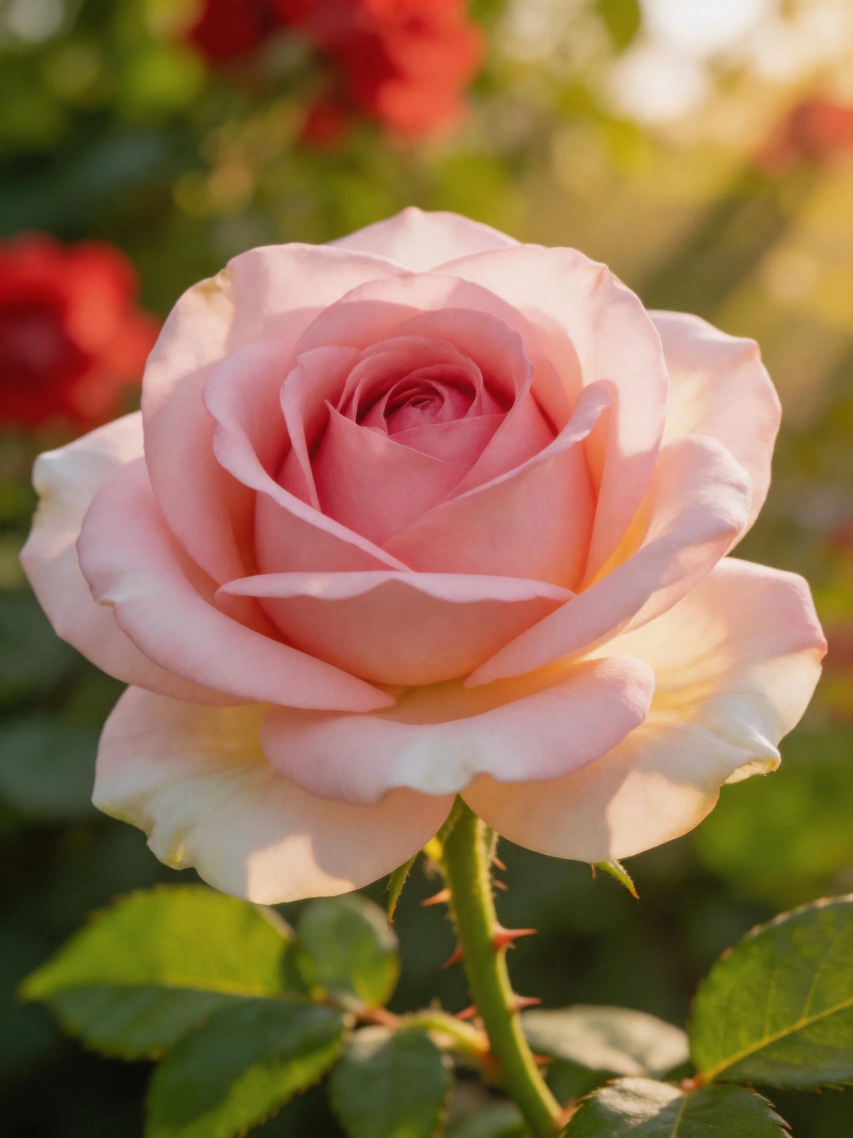 A large soft pink rose with green leaves and thorns