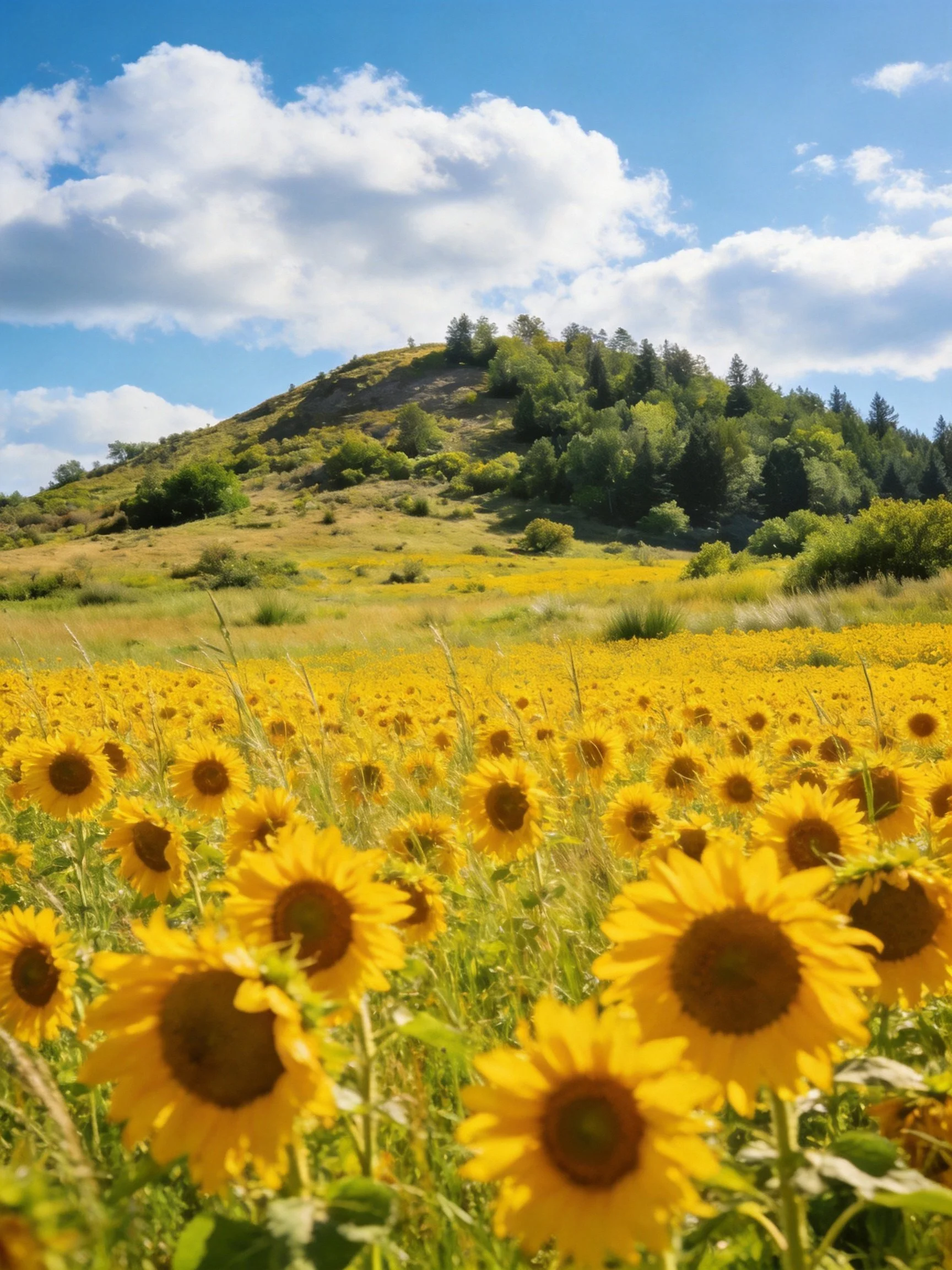 A large sunflower field near a forested hill under sunny sky
