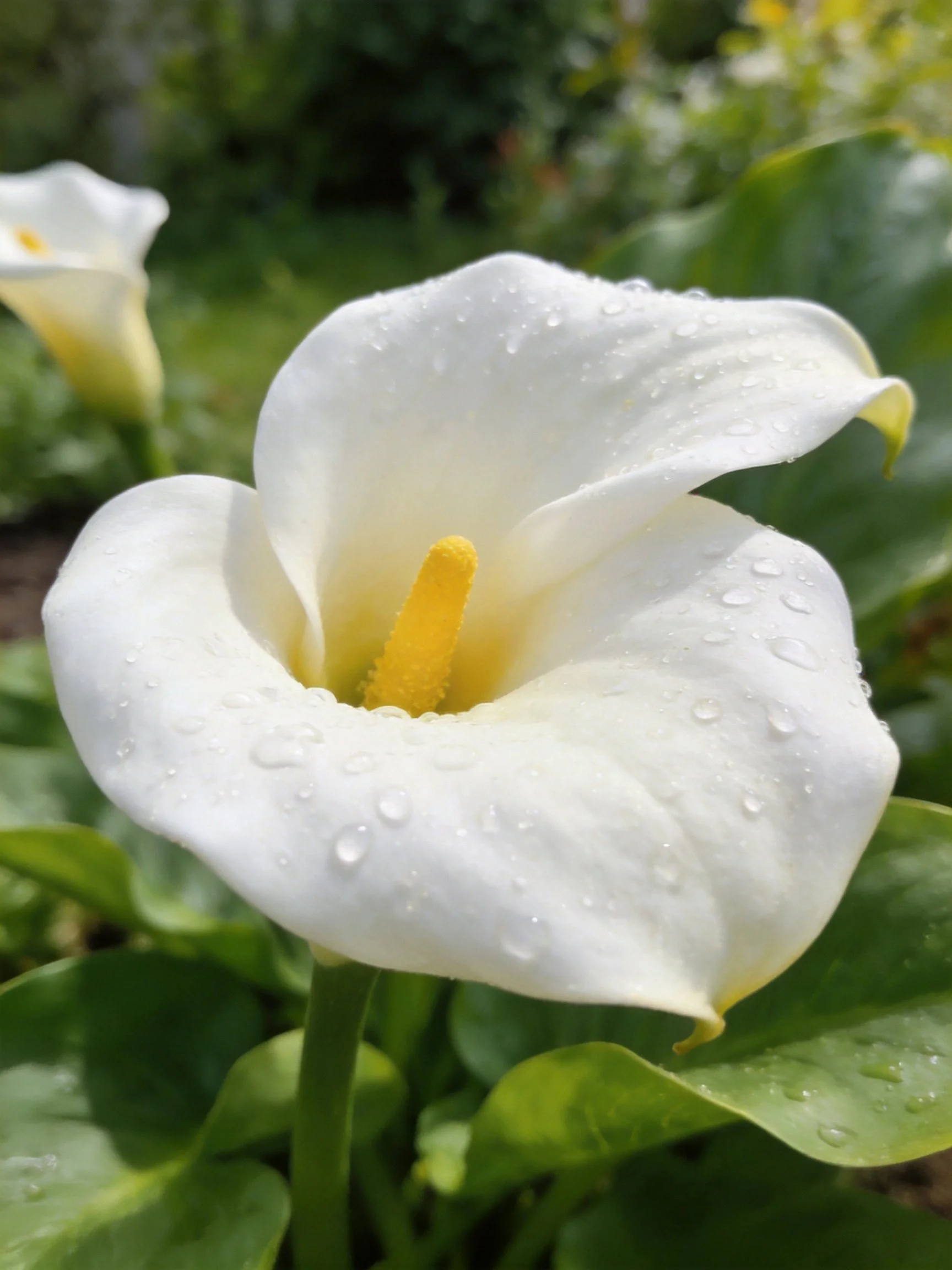 A large white calla lily with water droplets, green leaves, and a smaller flower