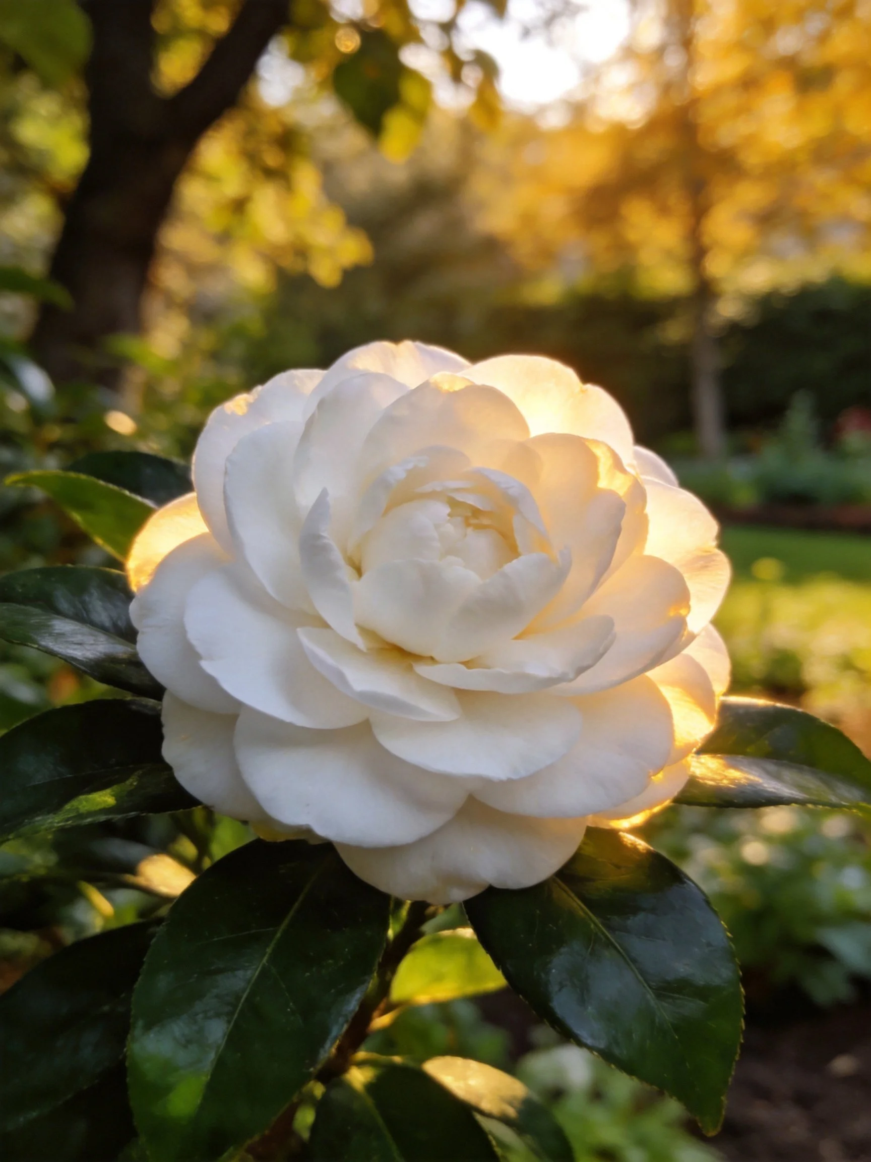 A large white camellia blooms under golden sunlight