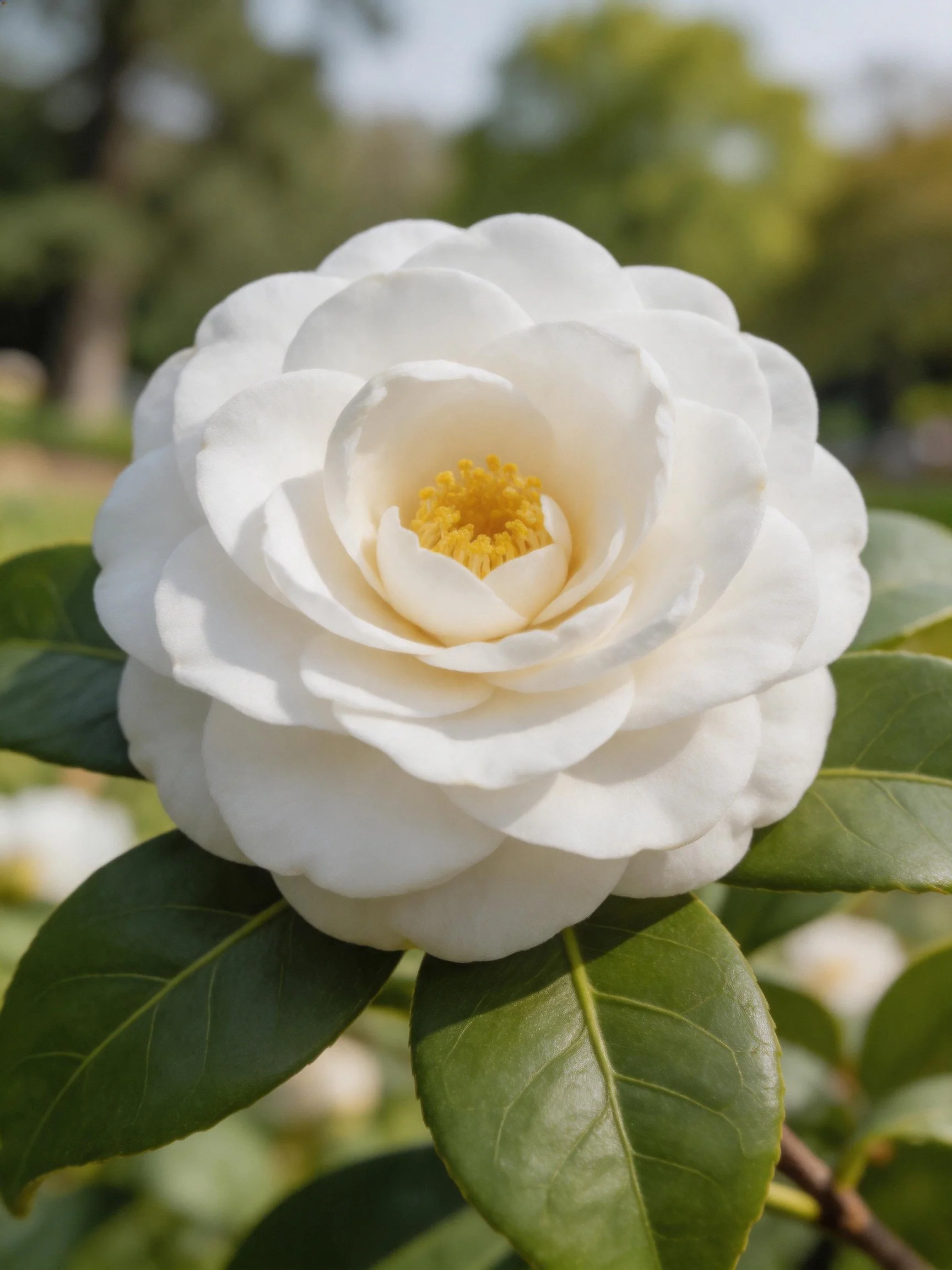A large white camellia flower with lush green leaves