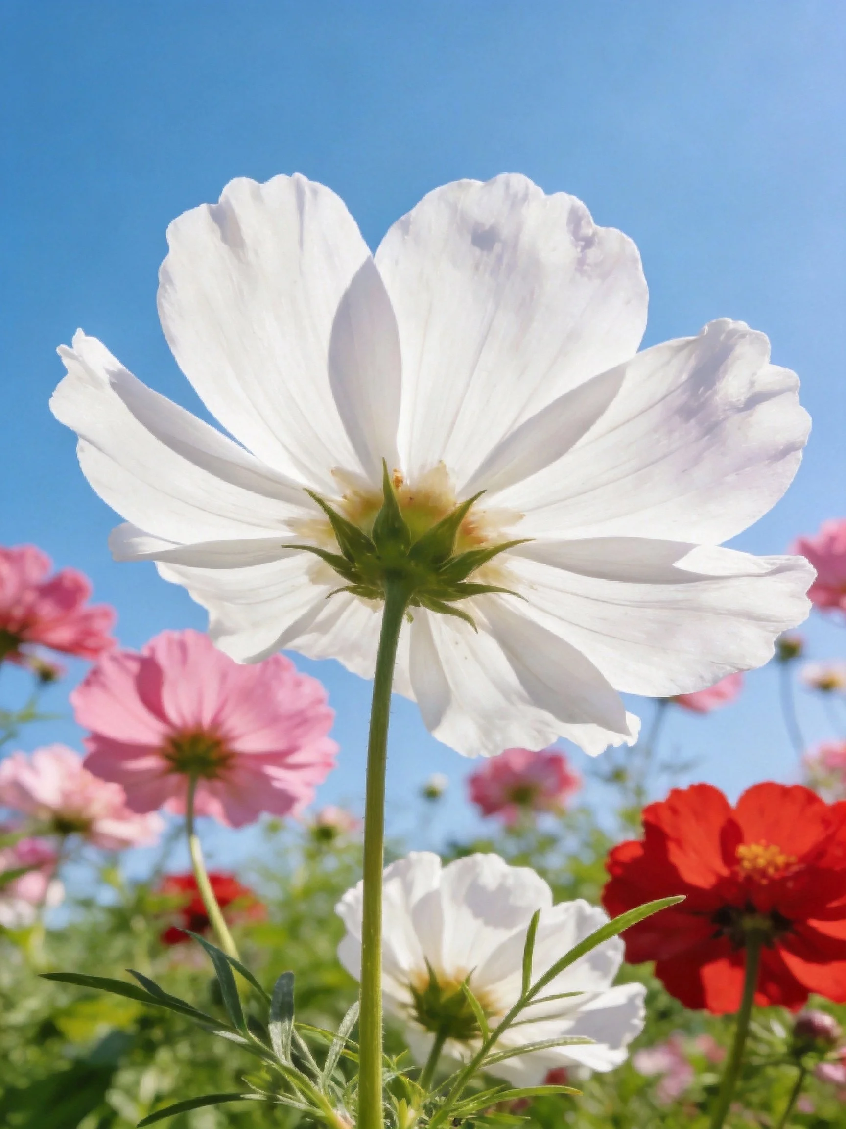 A large white cosmos flower with pink and red blooms under a clear blue sky