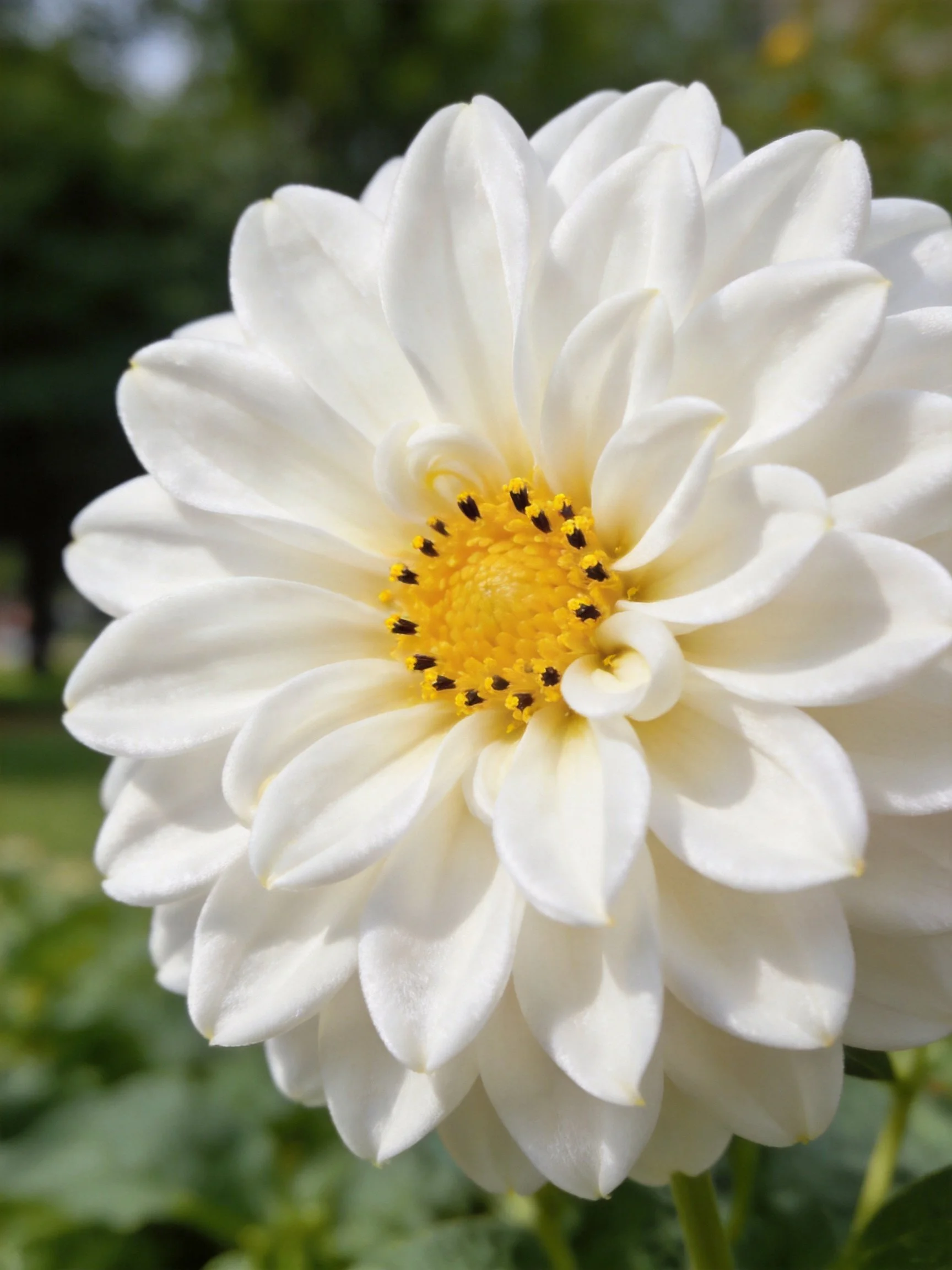 A large white dahlia with a vibrant yellow center