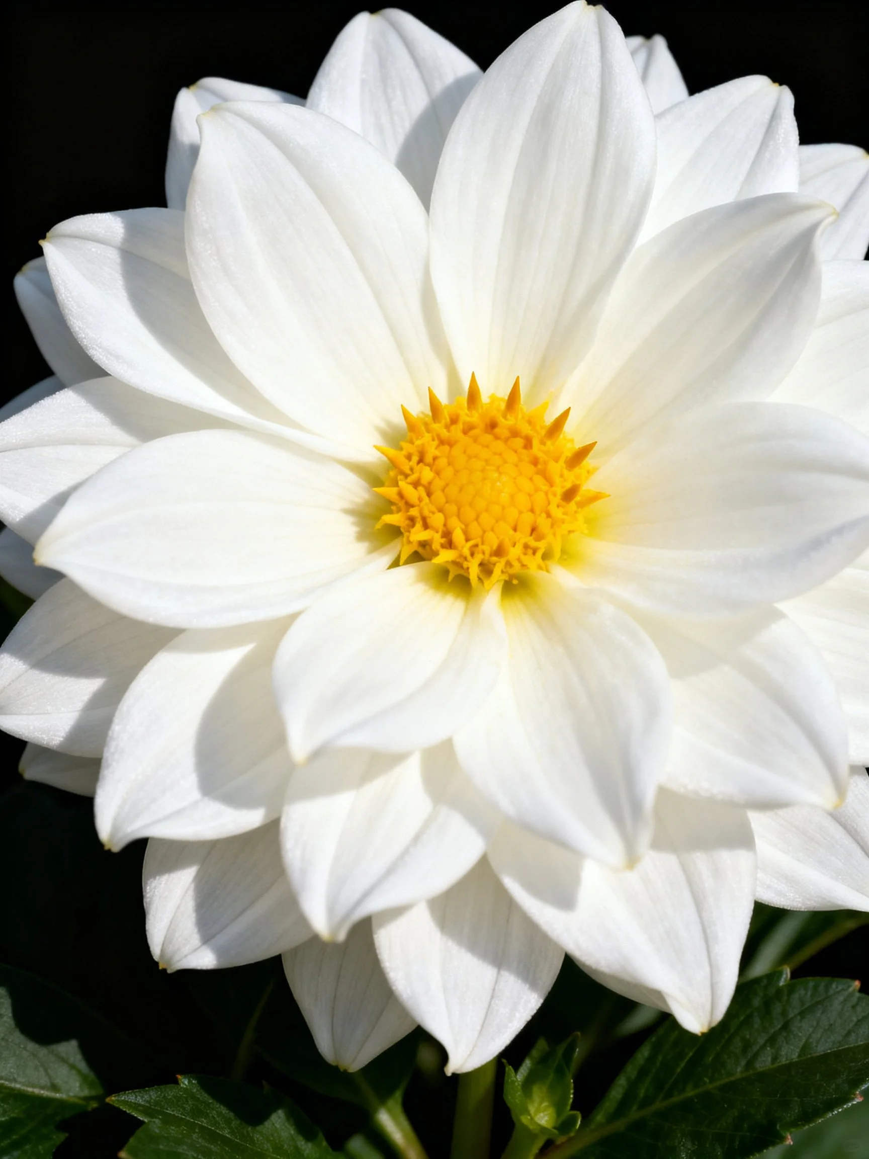 A large white dahlia with layered petals and a bright yellow center