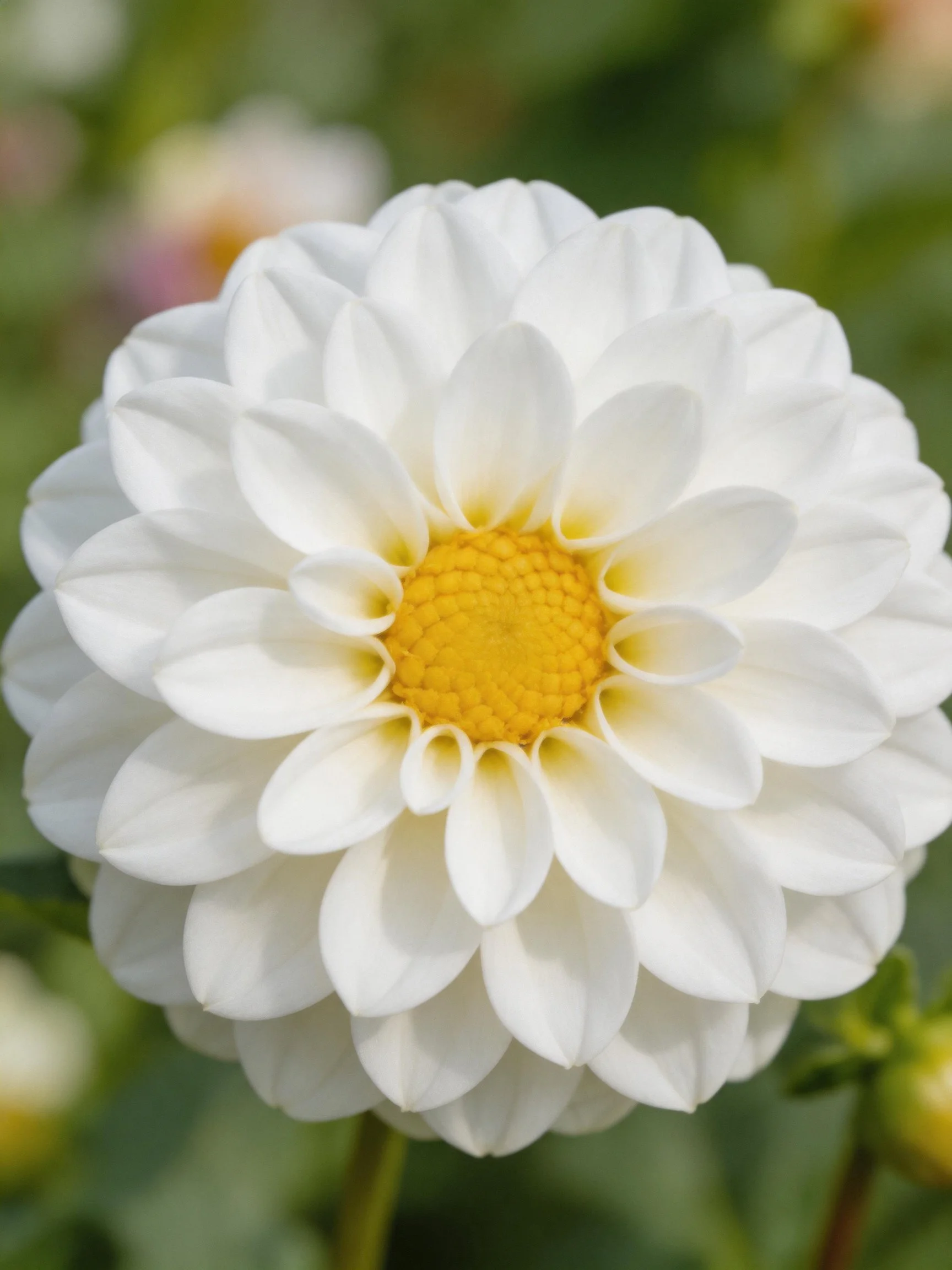A large white dahlia with layered petals and a yellow center