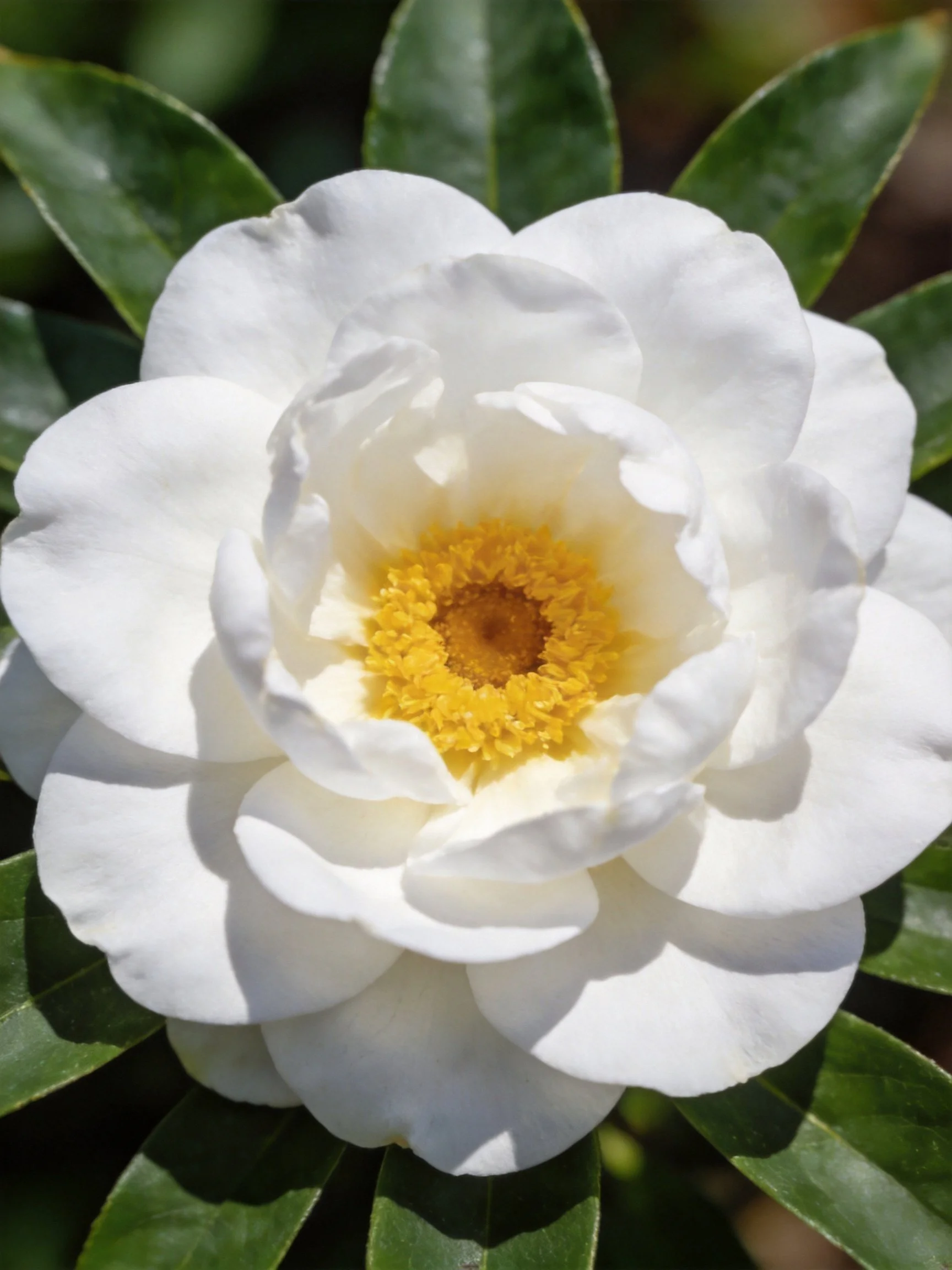 A large white flower with a vibrant yellow center and glossy green leaves