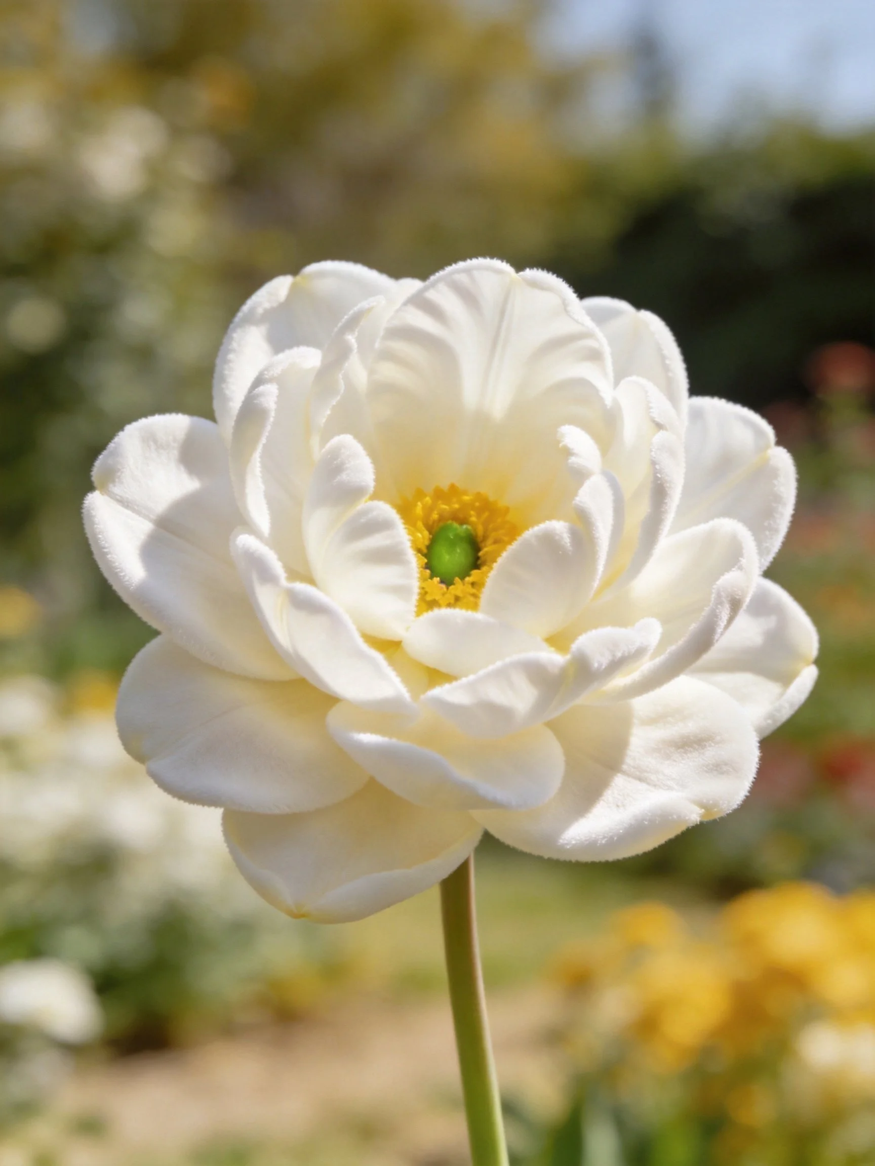 A large white flower with layered petals and yellow center in a sunlit garden