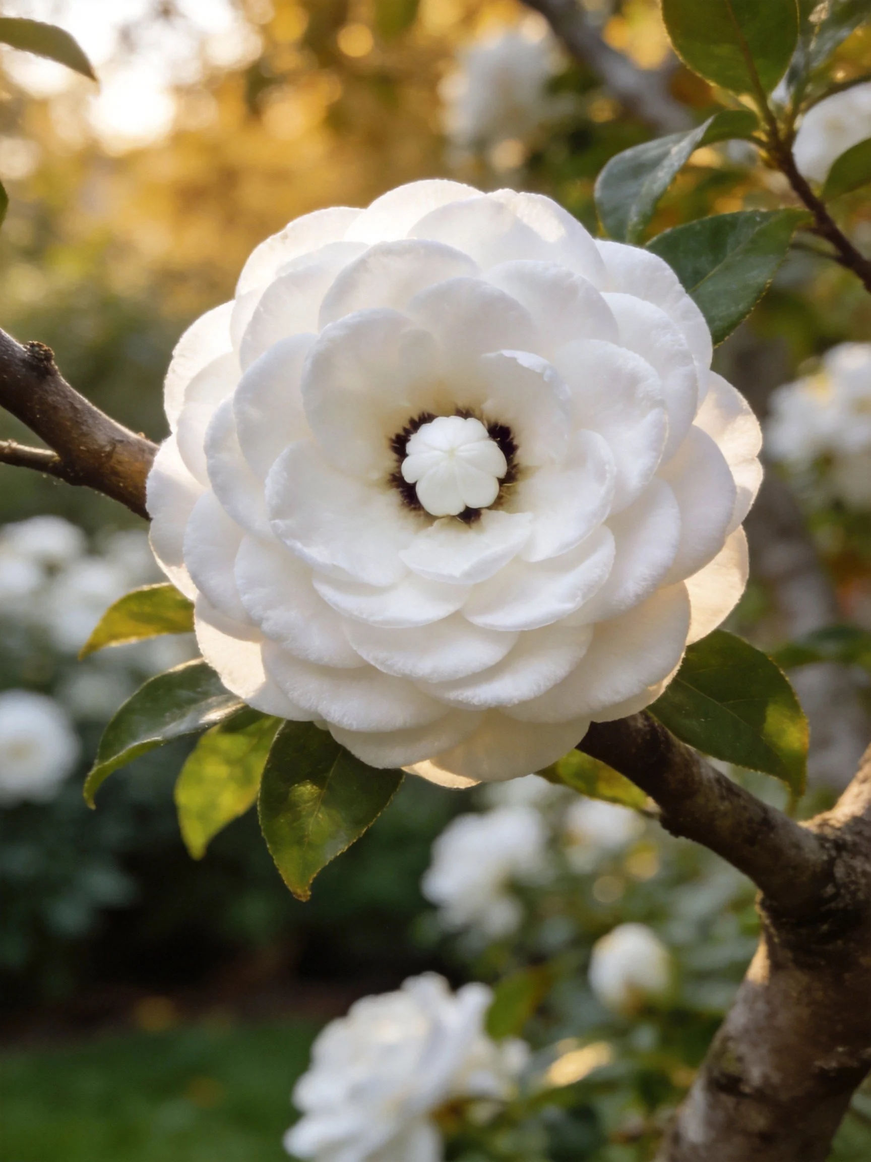 A large white flower with layered petals on a tree branch