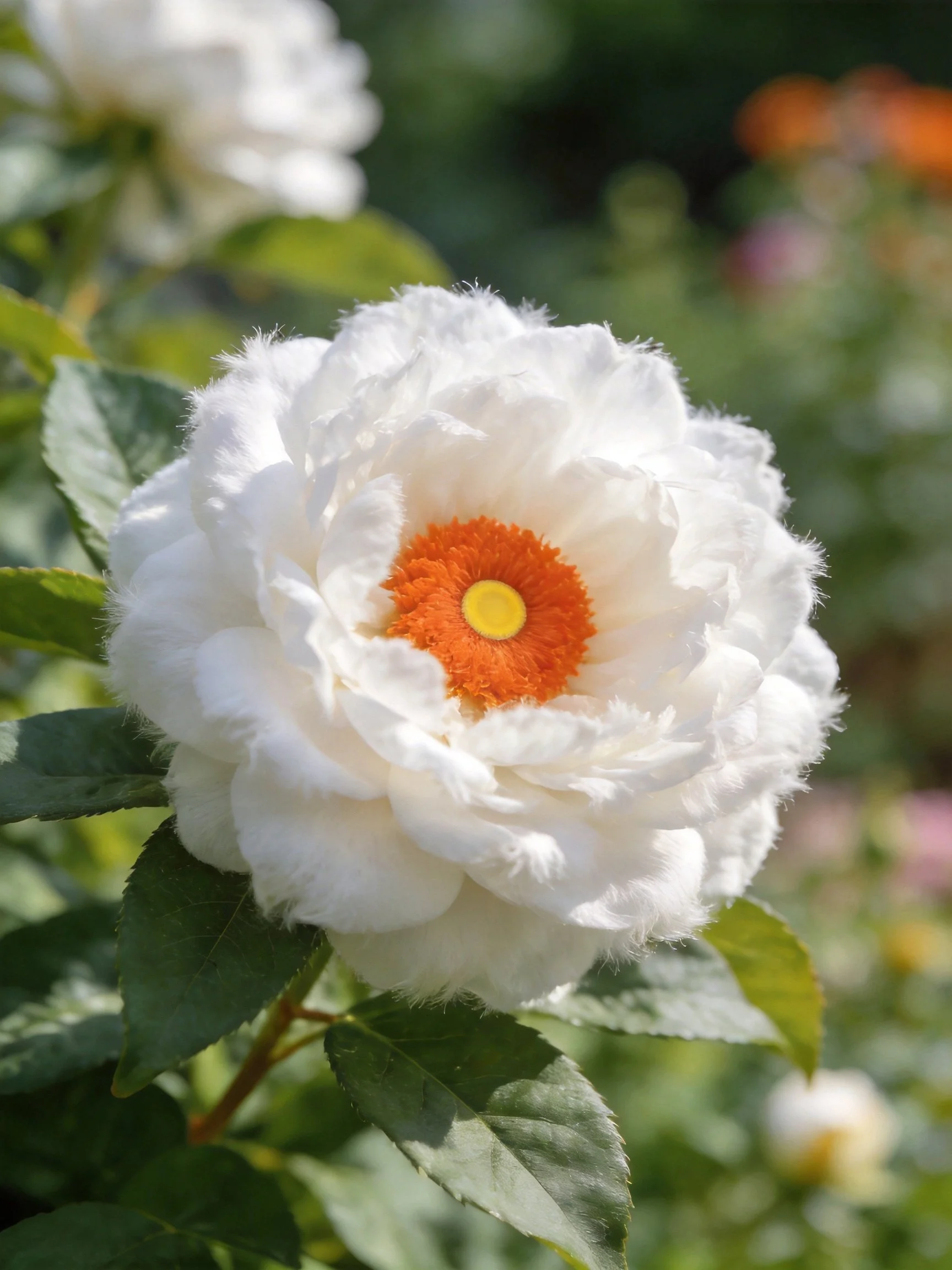 A large white flower with vibrant orange center amid green foliage