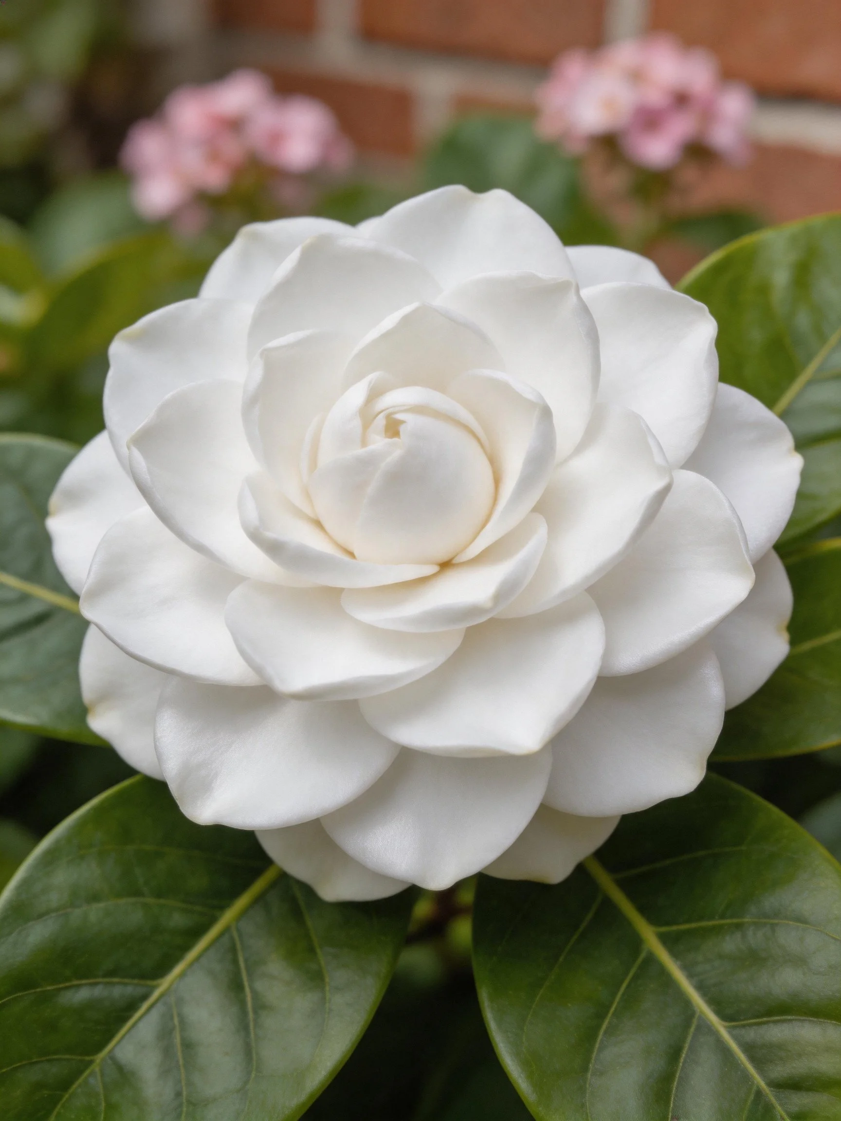 A large white gardenia bloom with glossy green leaves
