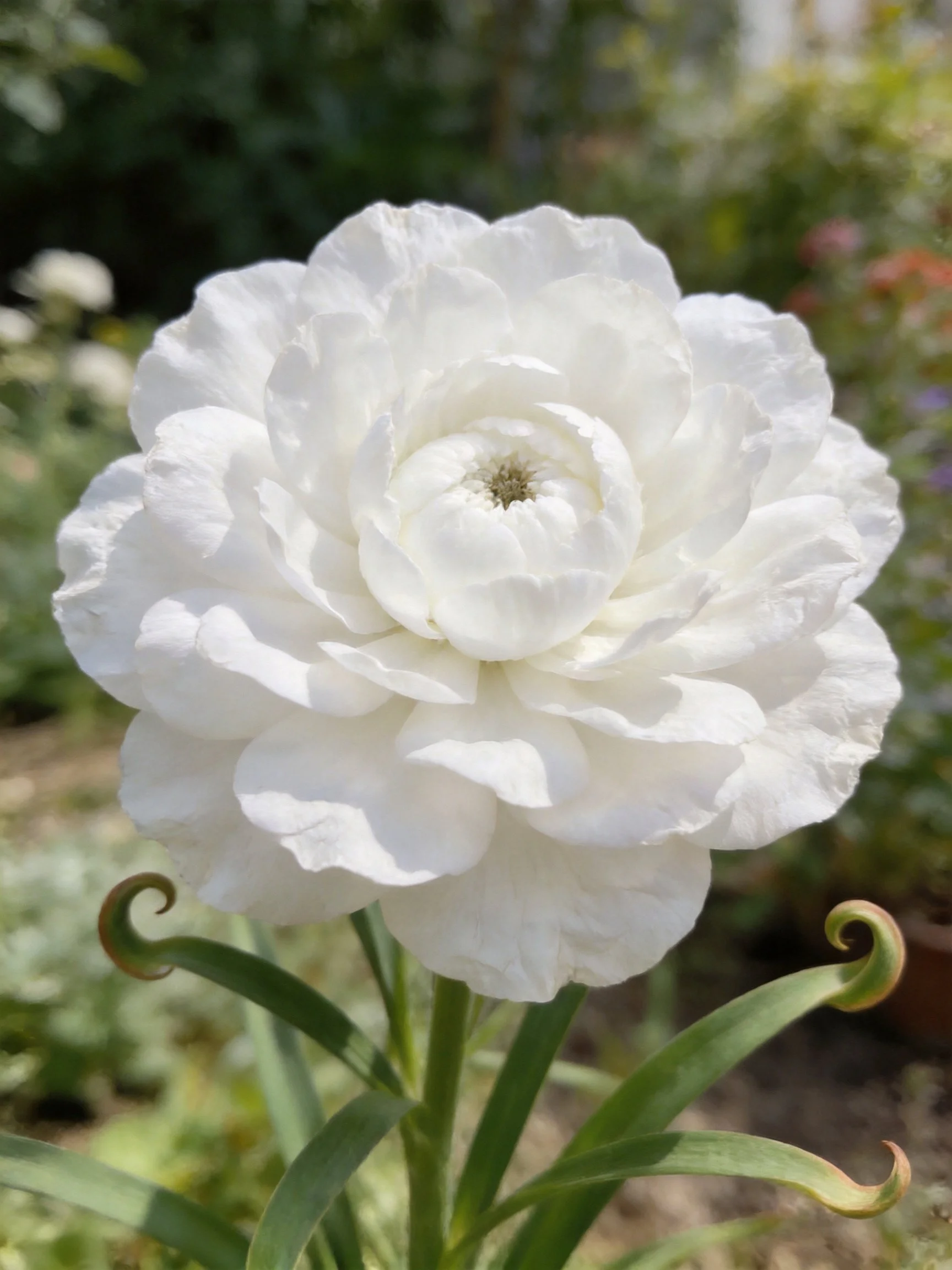 A large white layered flower with curled stems in a garden