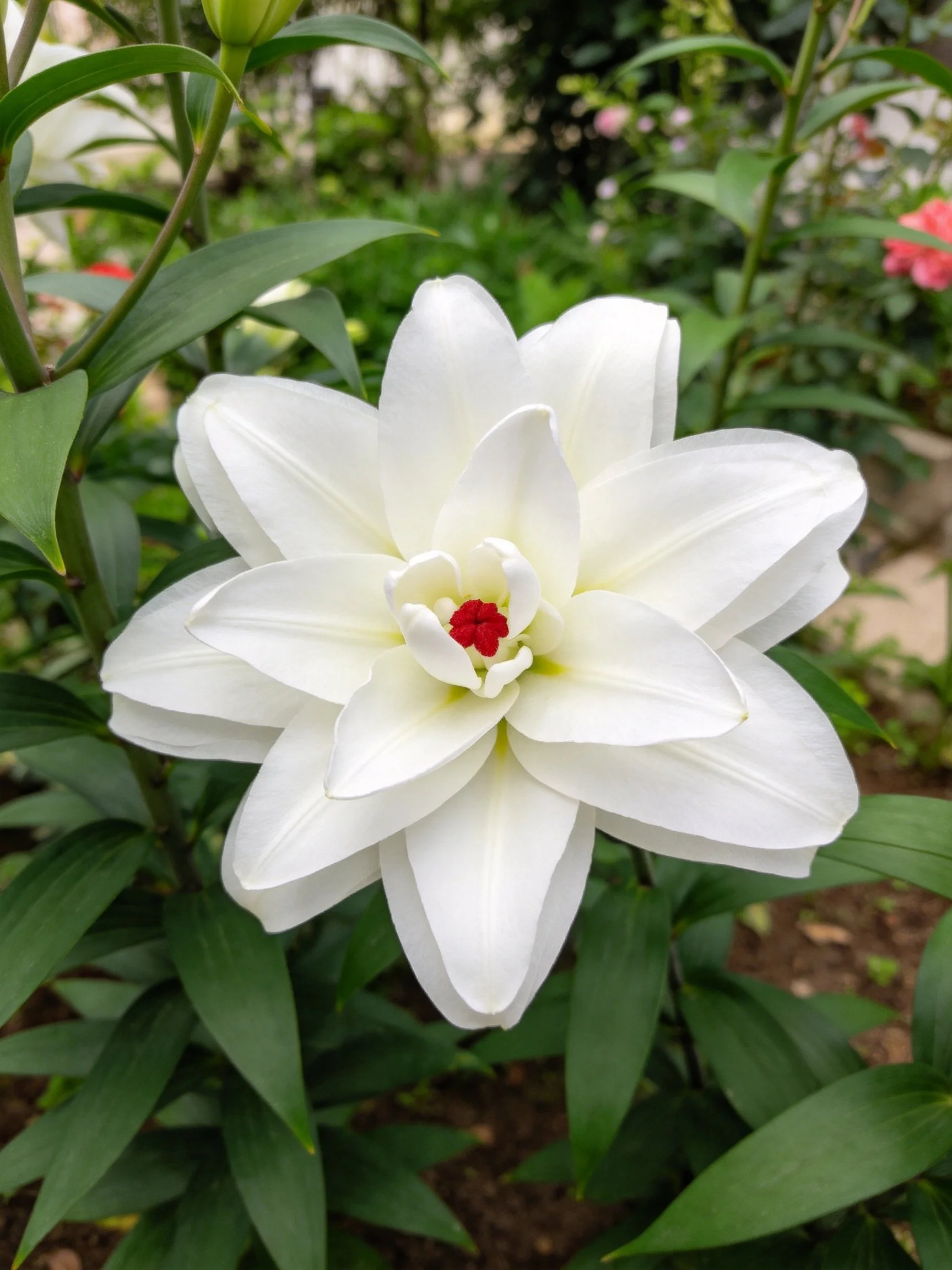 A large white lily with red center amidst lush green foliage