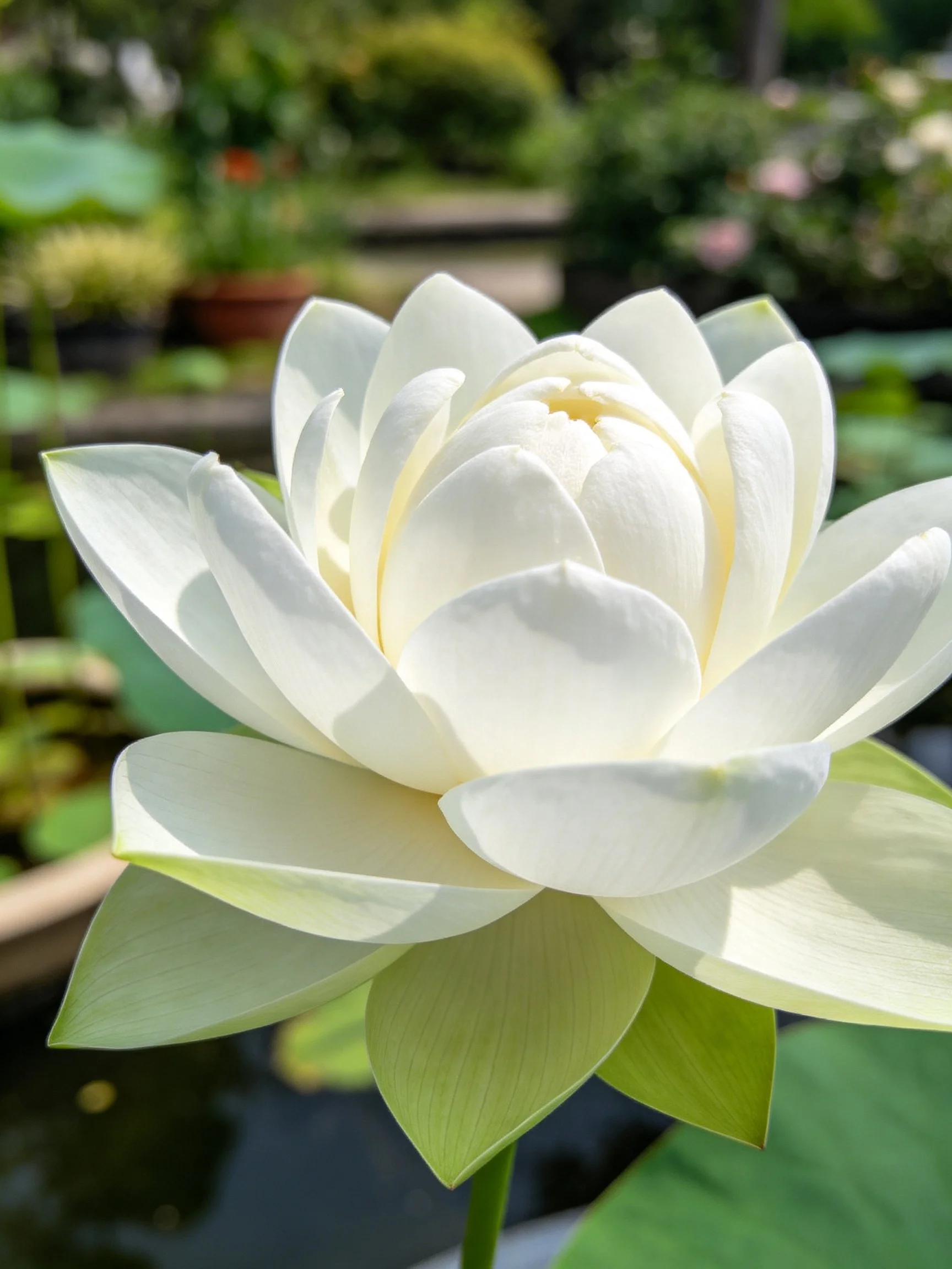 A large white lotus with layered petals in a serene garden setting