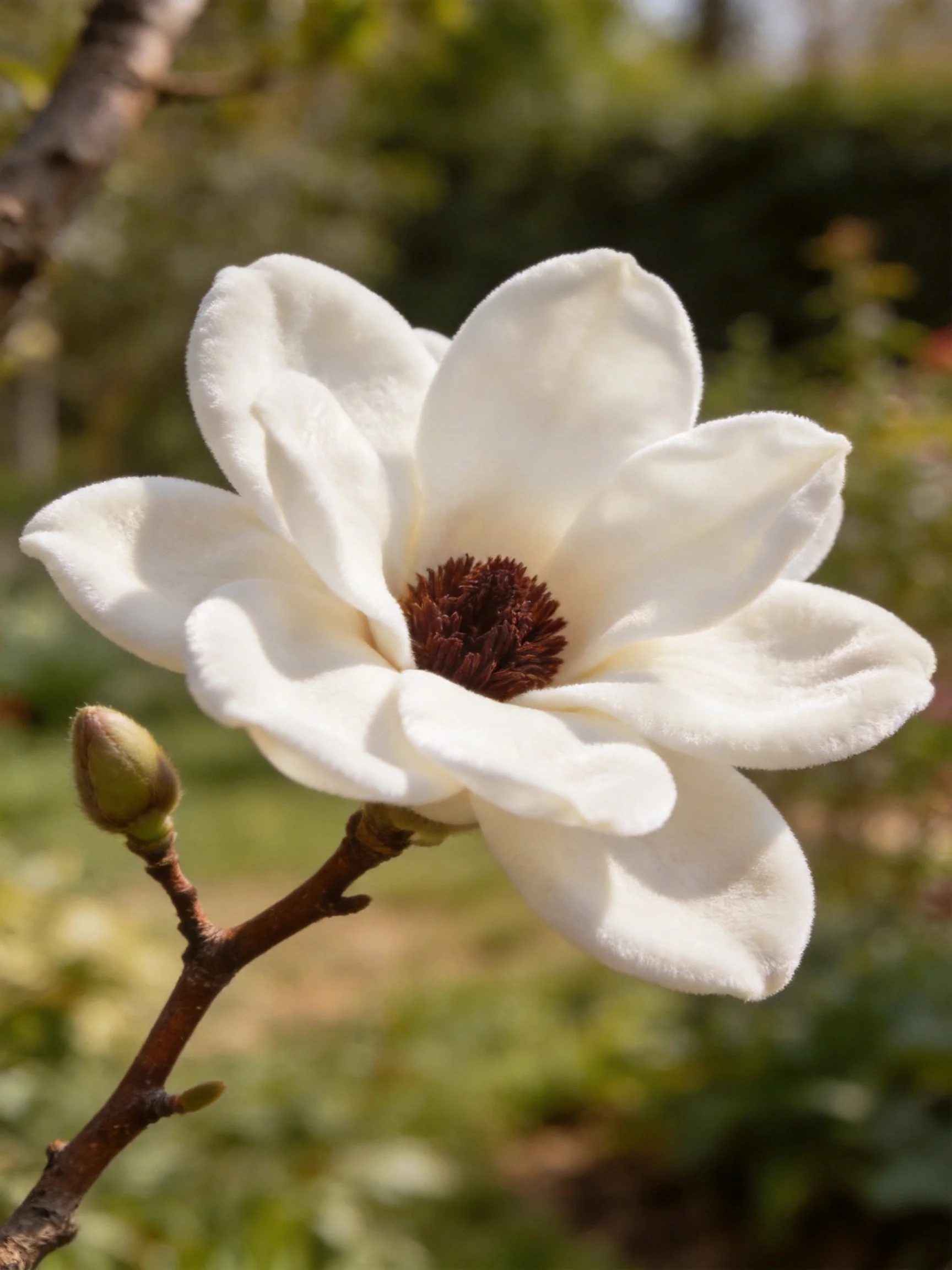 A large white magnolia flower with a brown central core