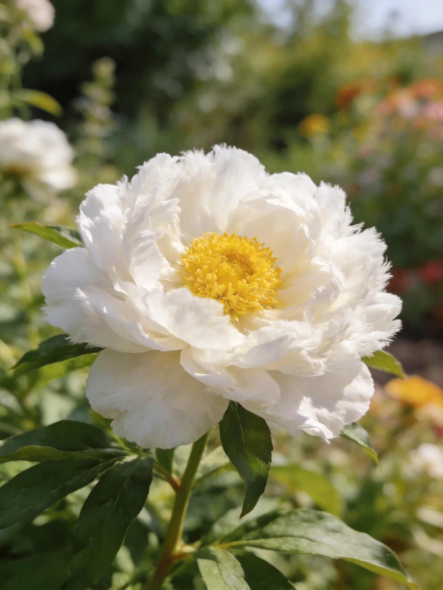 A large white peony with a bright yellow center