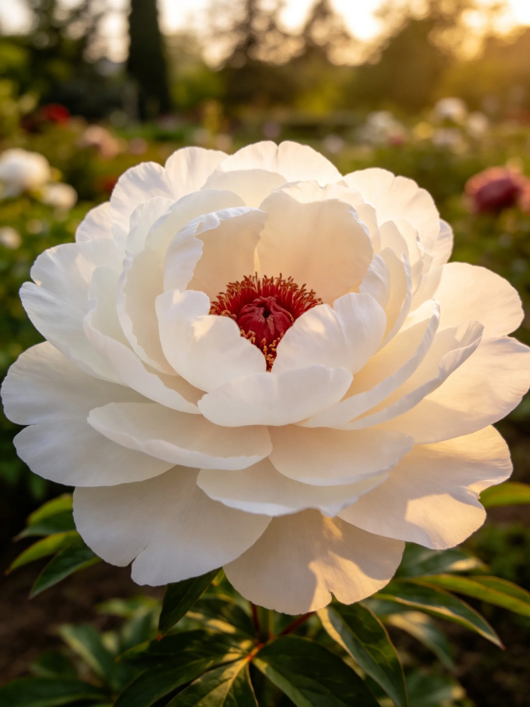 A large white peony with layered petals glows in a sunlit garden