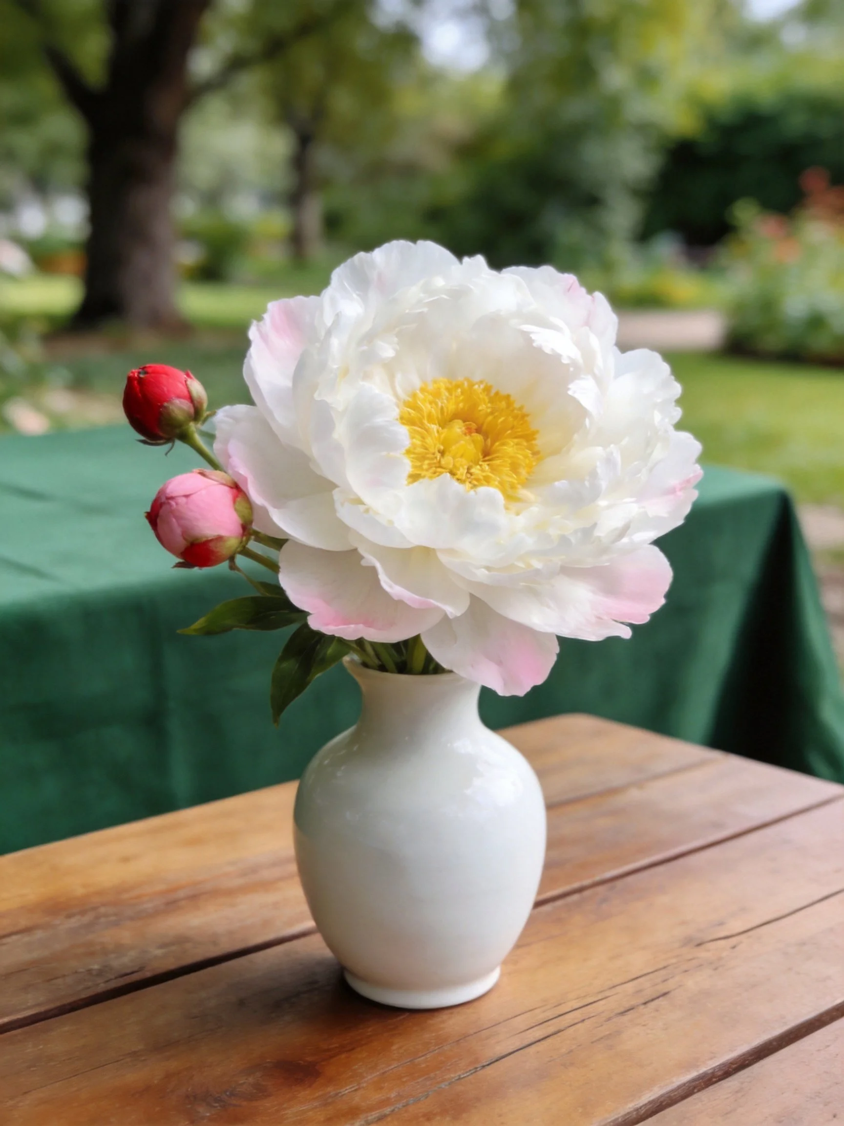 A large white peony with pink buds in a small white vase outdoors