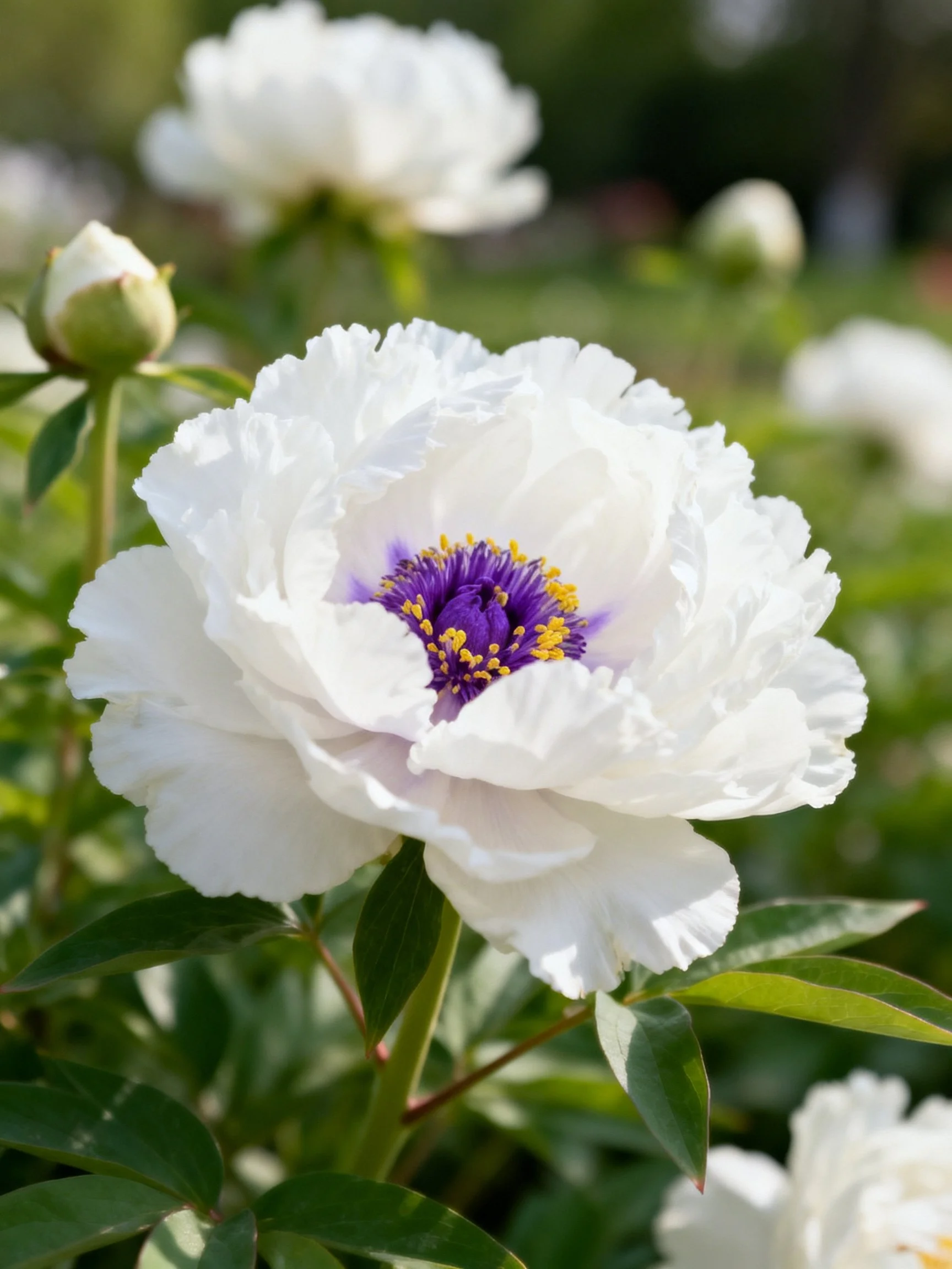A large white peony with purple center amid green foliage