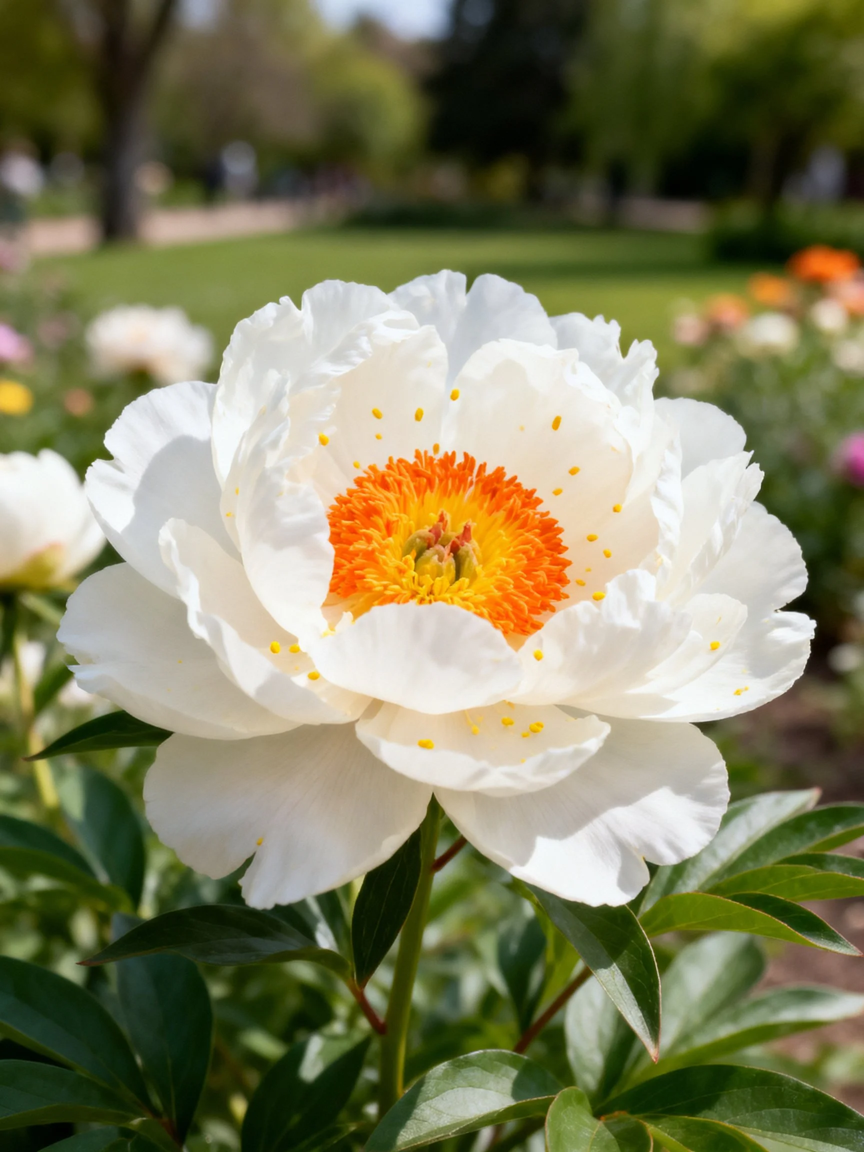 A large white peony with vibrant orange center in a garden