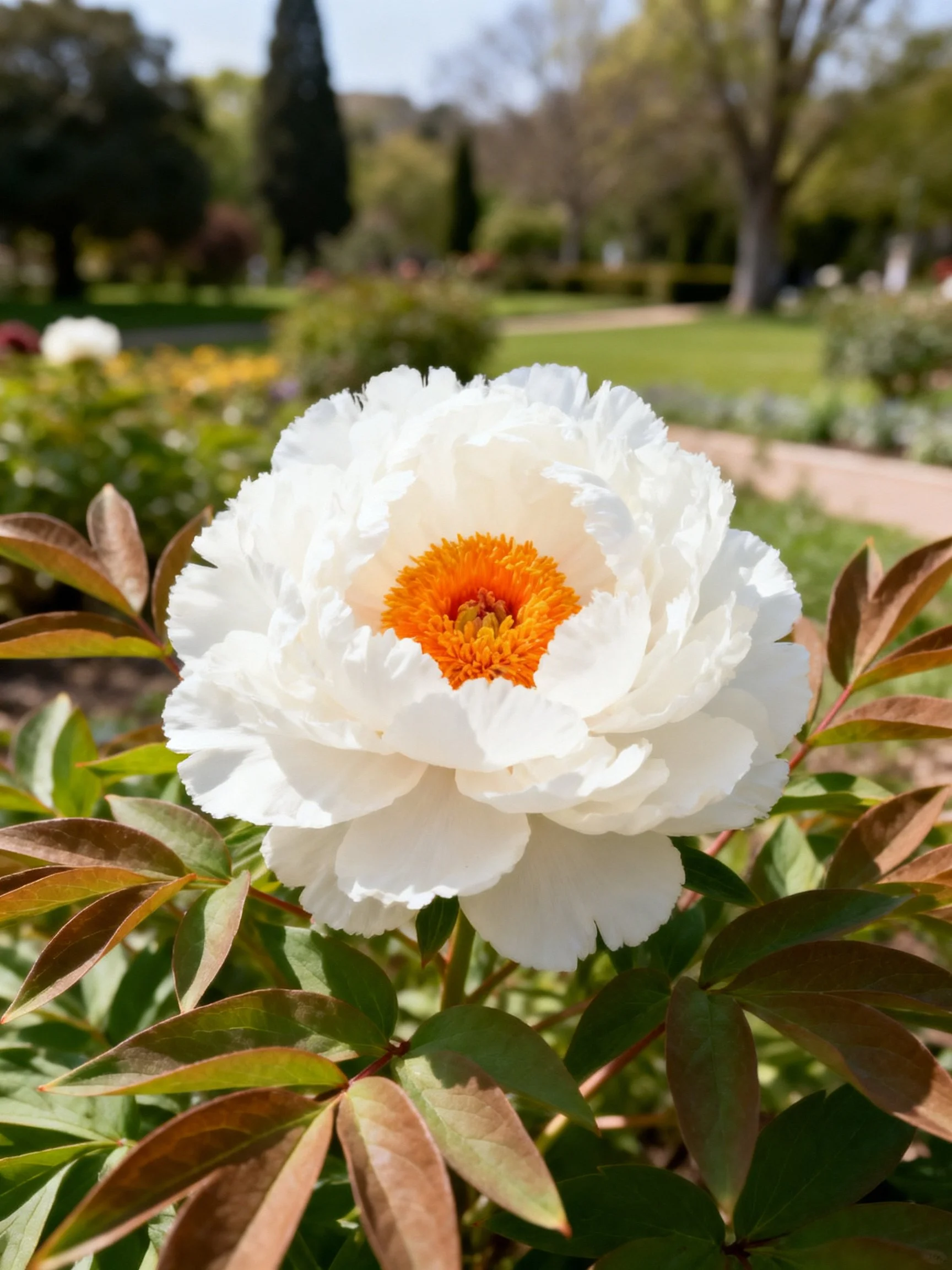 A large white peony with vibrant orange center in a garden