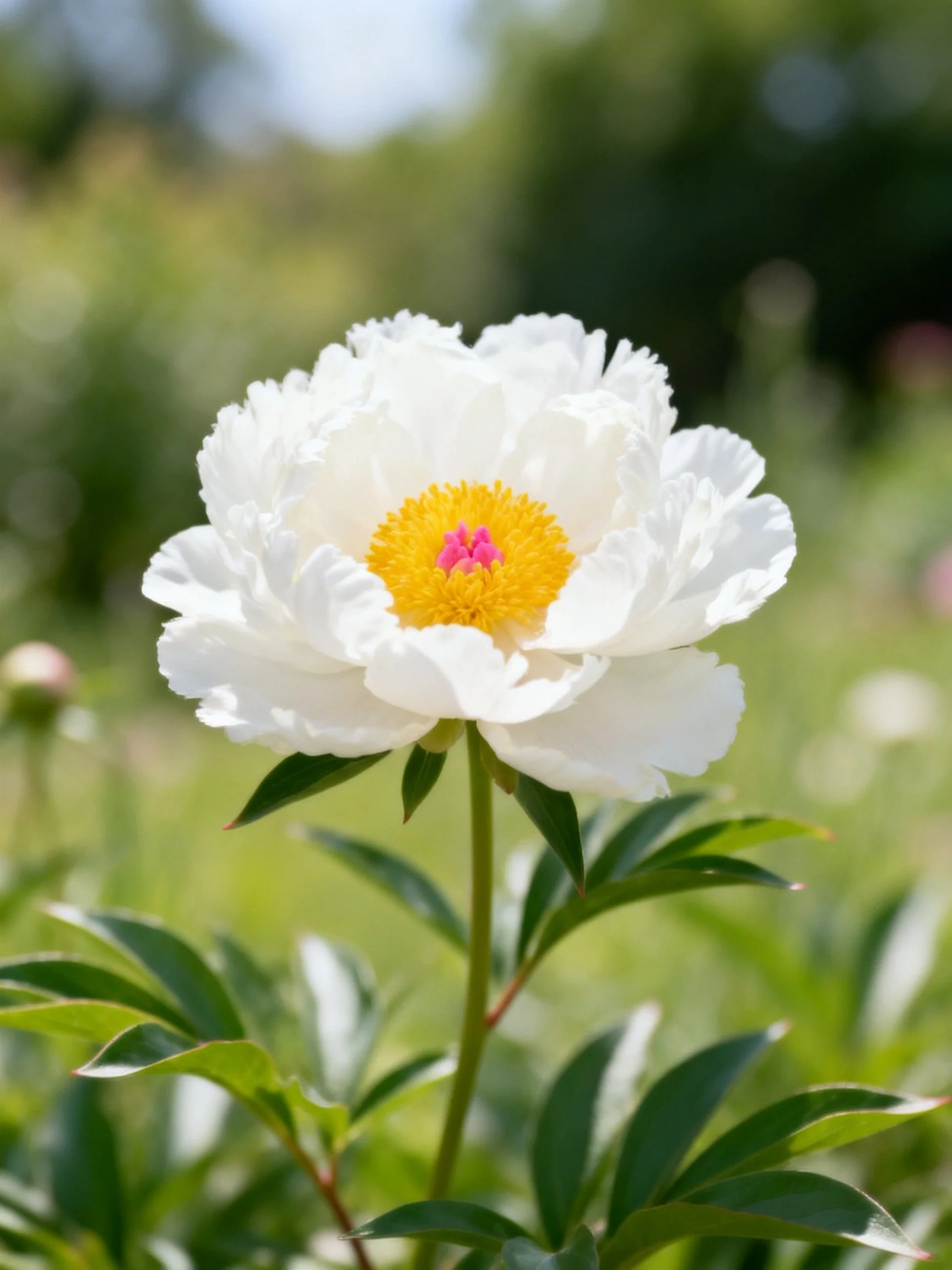 A large white peony with yellow and pink center