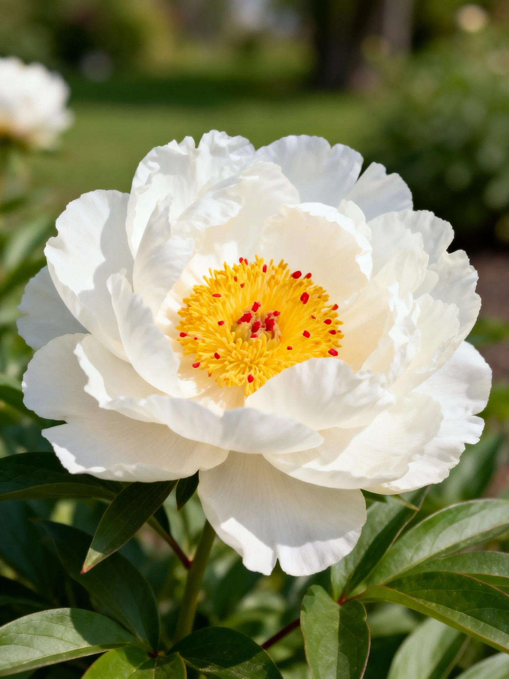 A large white peony with yellow and red center