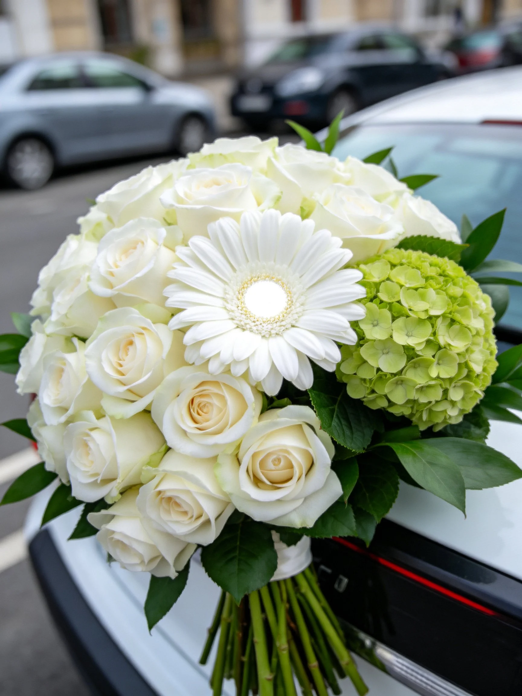 A large white rose and gerbera bouquet with green hydrangea on a car