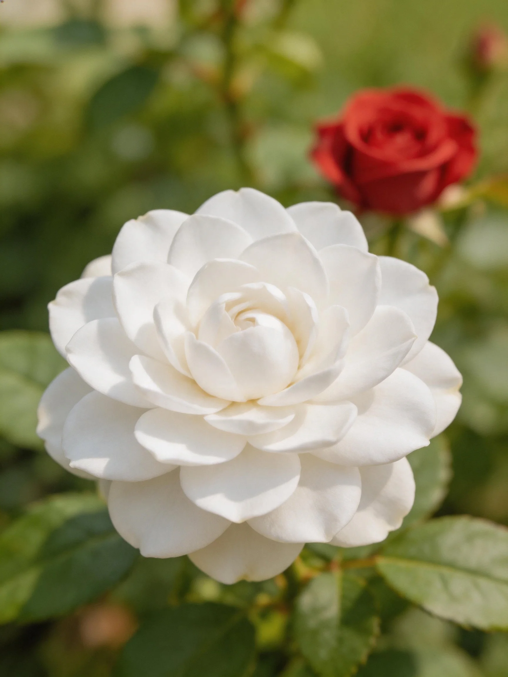 A large white rose blooms beside a smallred rose amid green foliage
