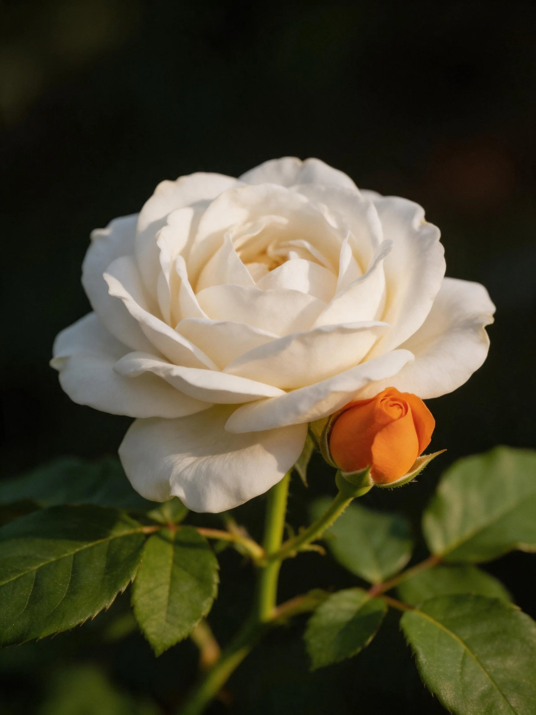 A large white rose blooms beside an orange rosebud with green foliage
