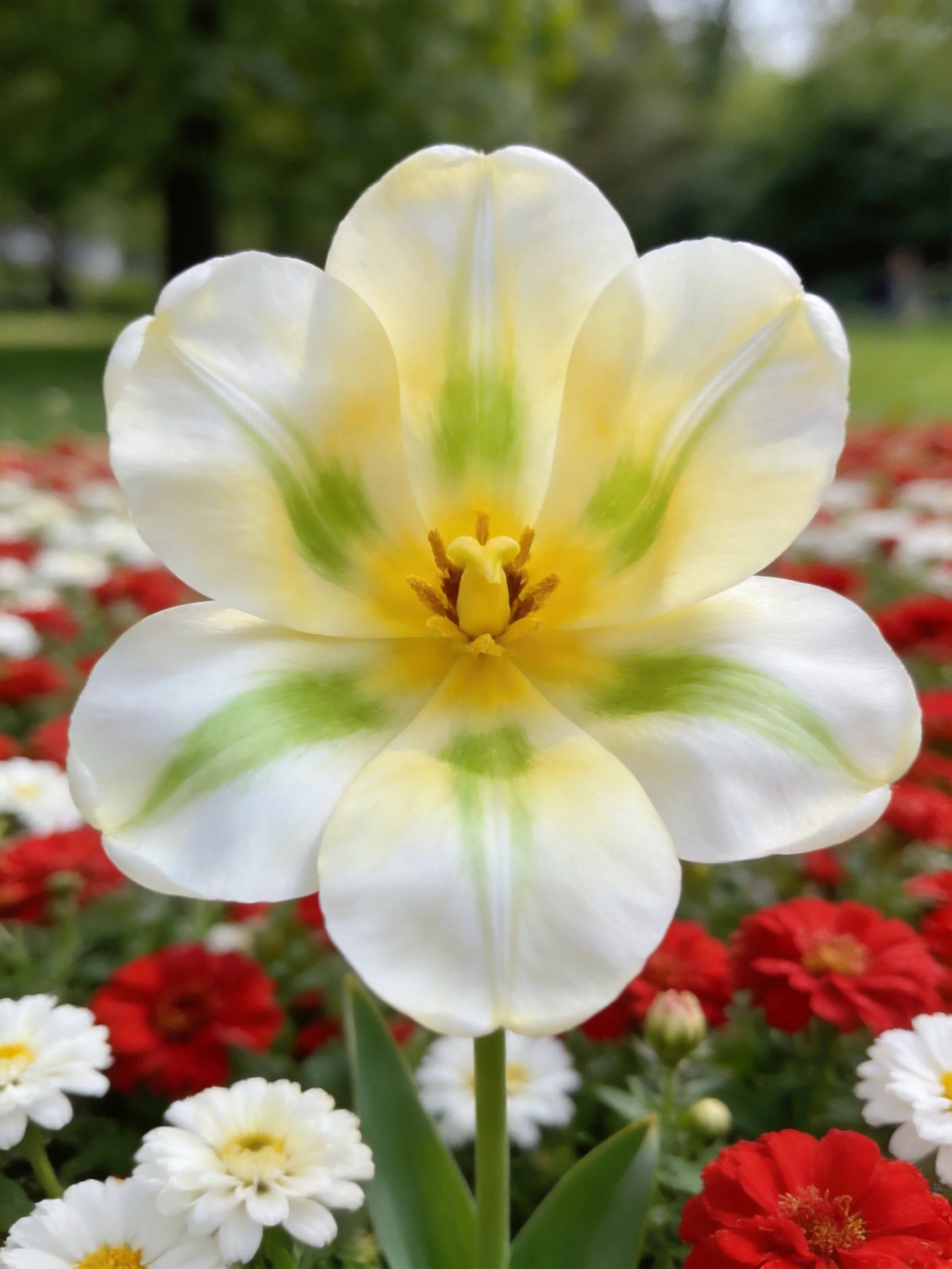 A large white tulip with green streaks among red and white flowers