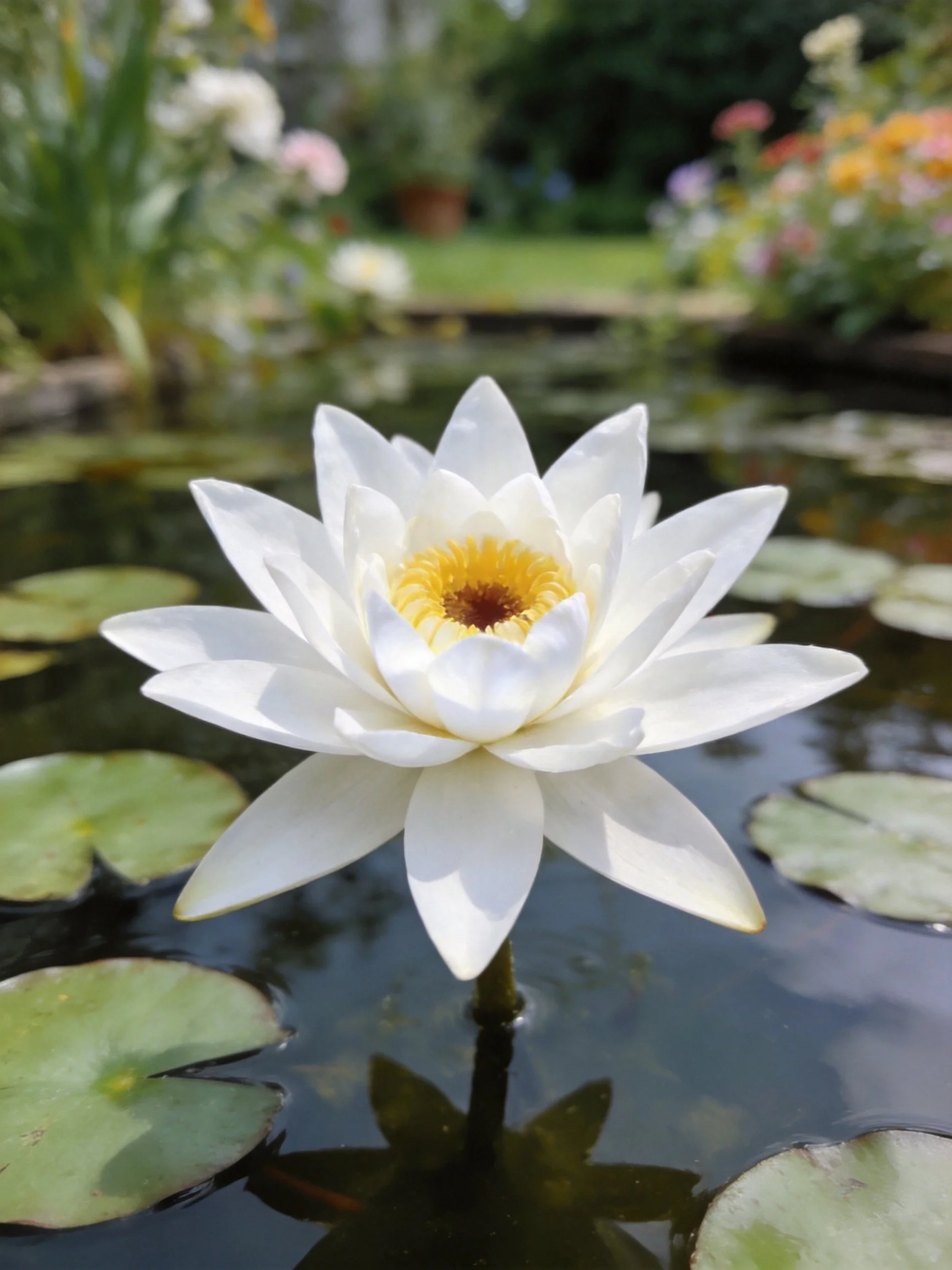 A large white water lily floats among lily pads in a garden pond