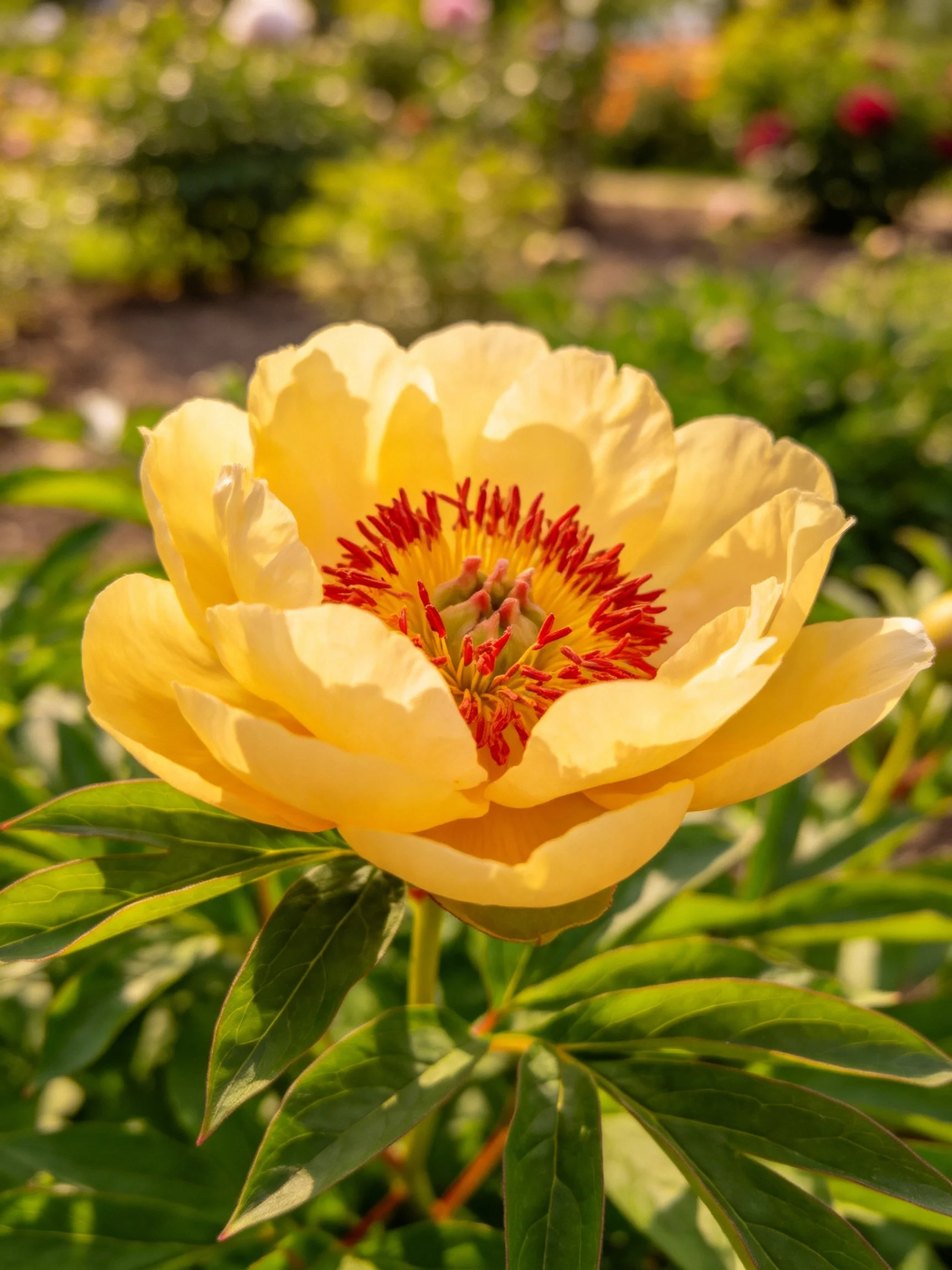A large yellow peony with red central stamens in a garden