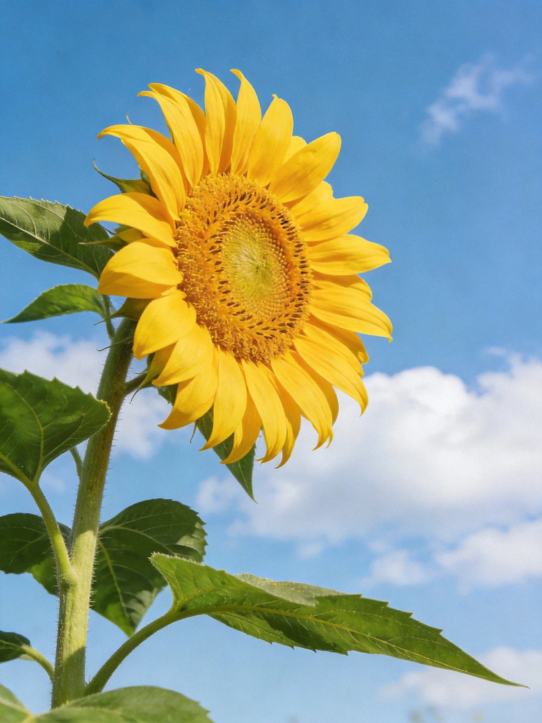 A large yellow sunflower blooms against a clear blue sky with scattered clouds