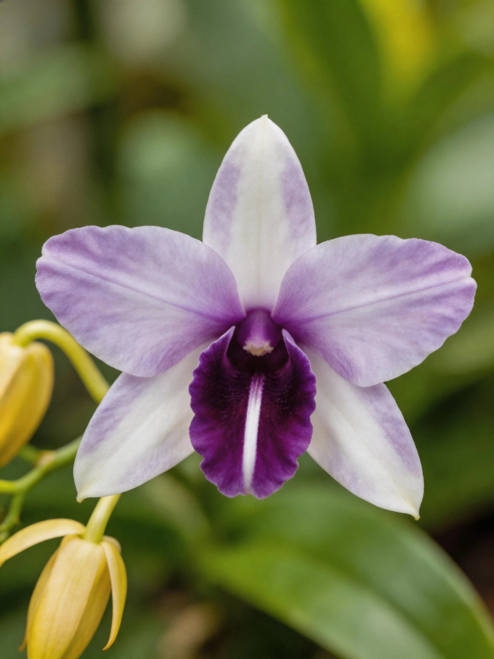 A lavender orchid with deep purple center and yellow buds