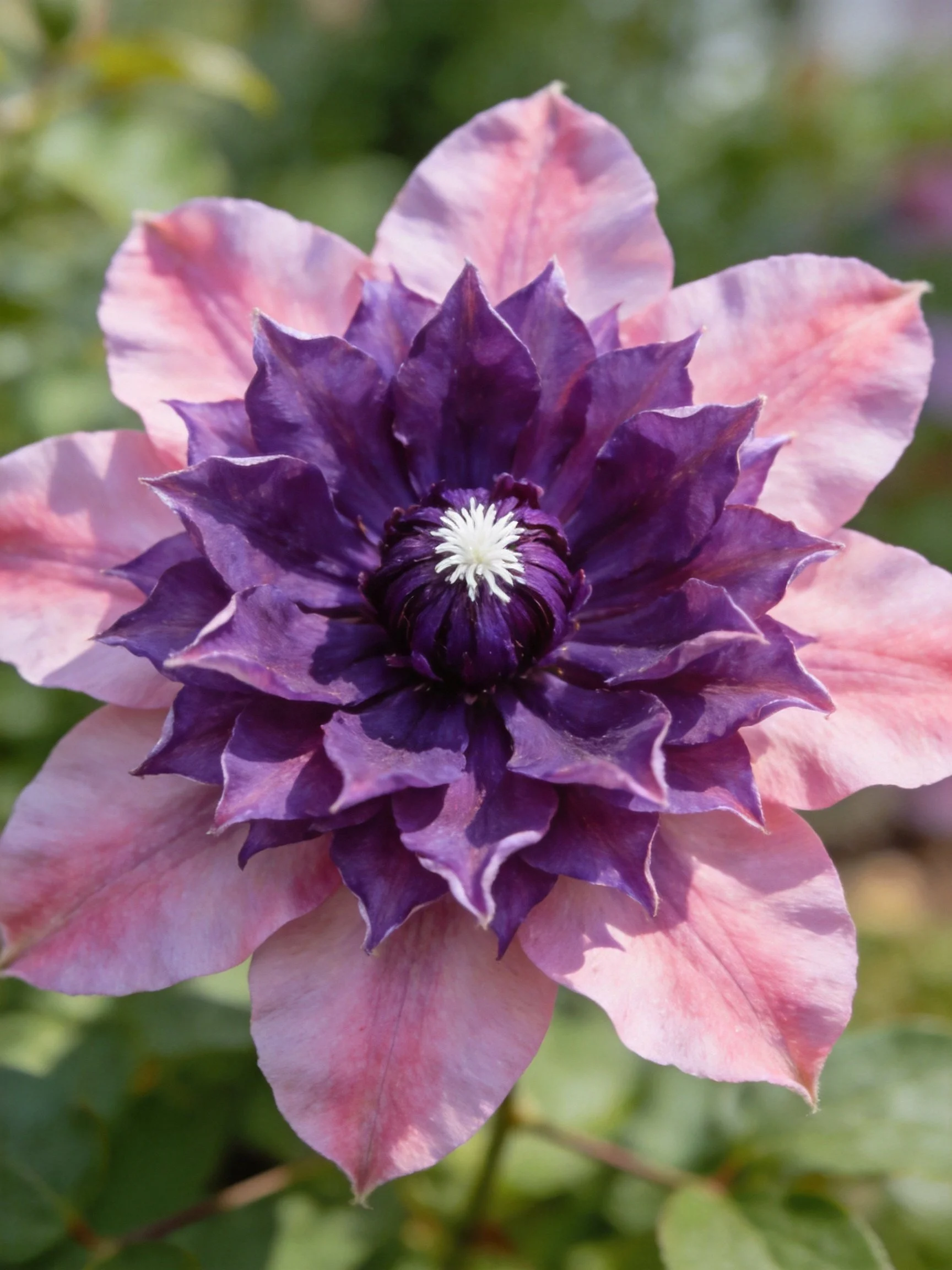A layered clematis flower with pink and purple petals