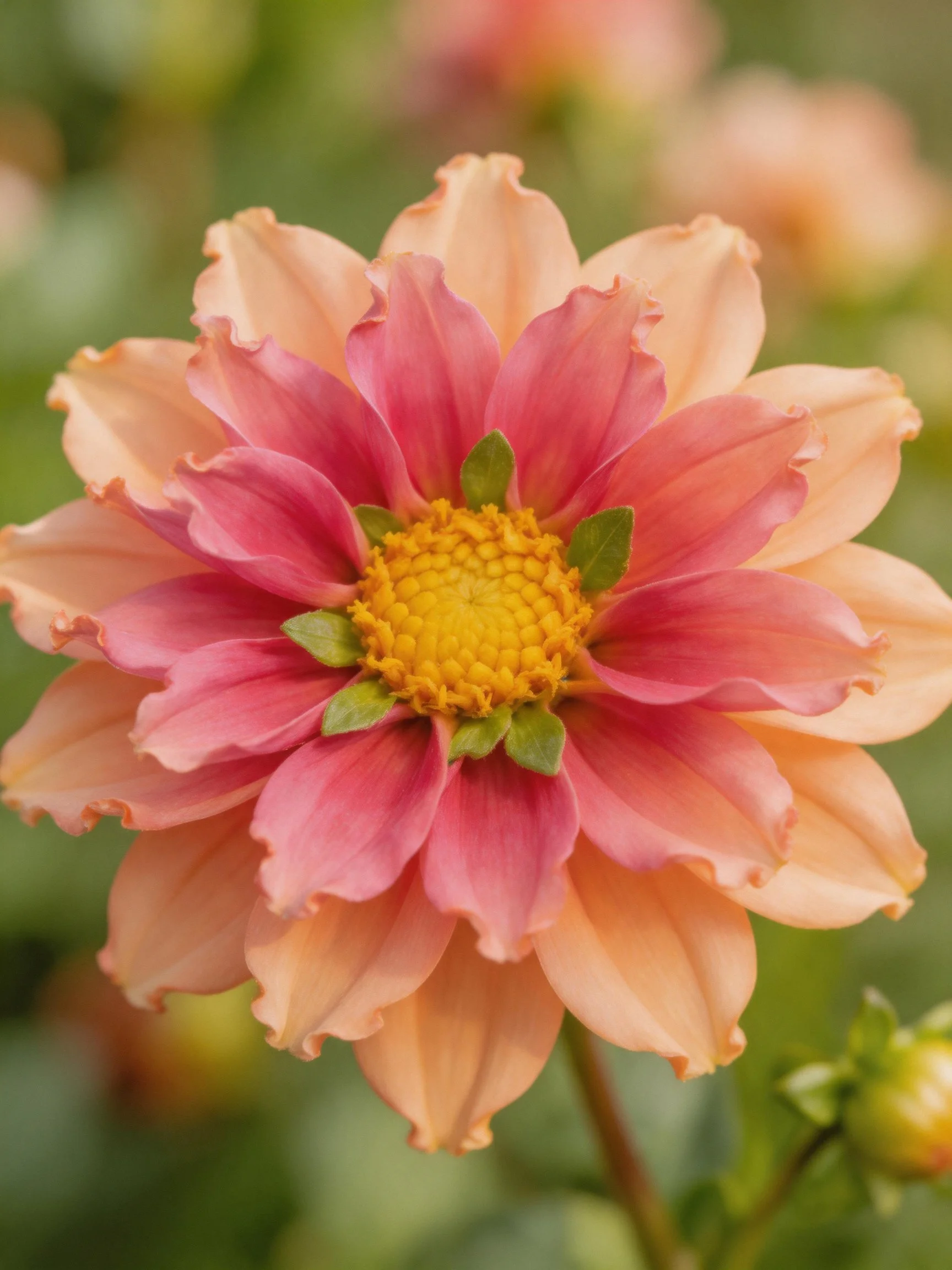 A layered pink and peach dahlia with a bright yellow center